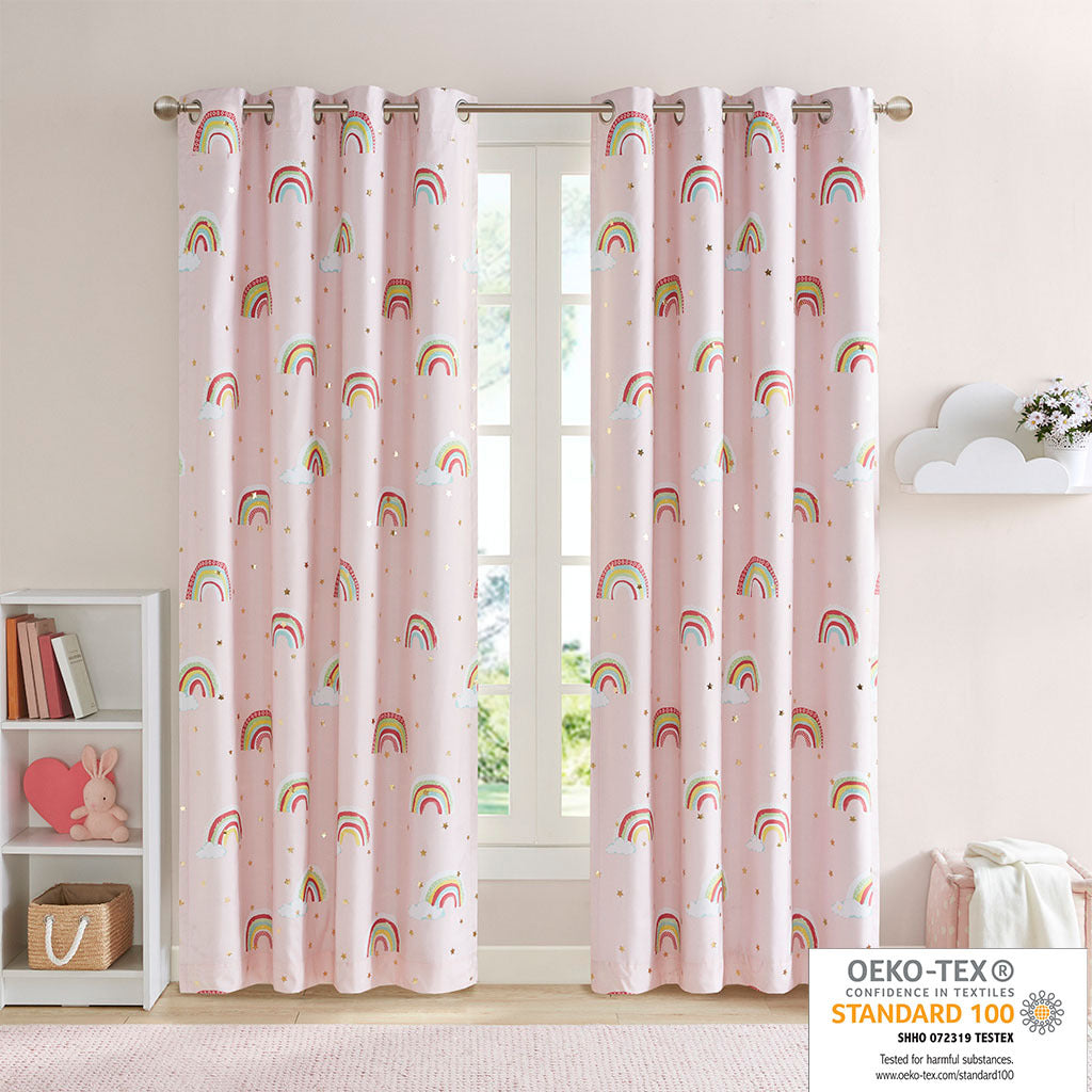 Rainbow With Metallic Printed Total Blackout Curtain Panel Only 1 Pc Panel Pink Polyester