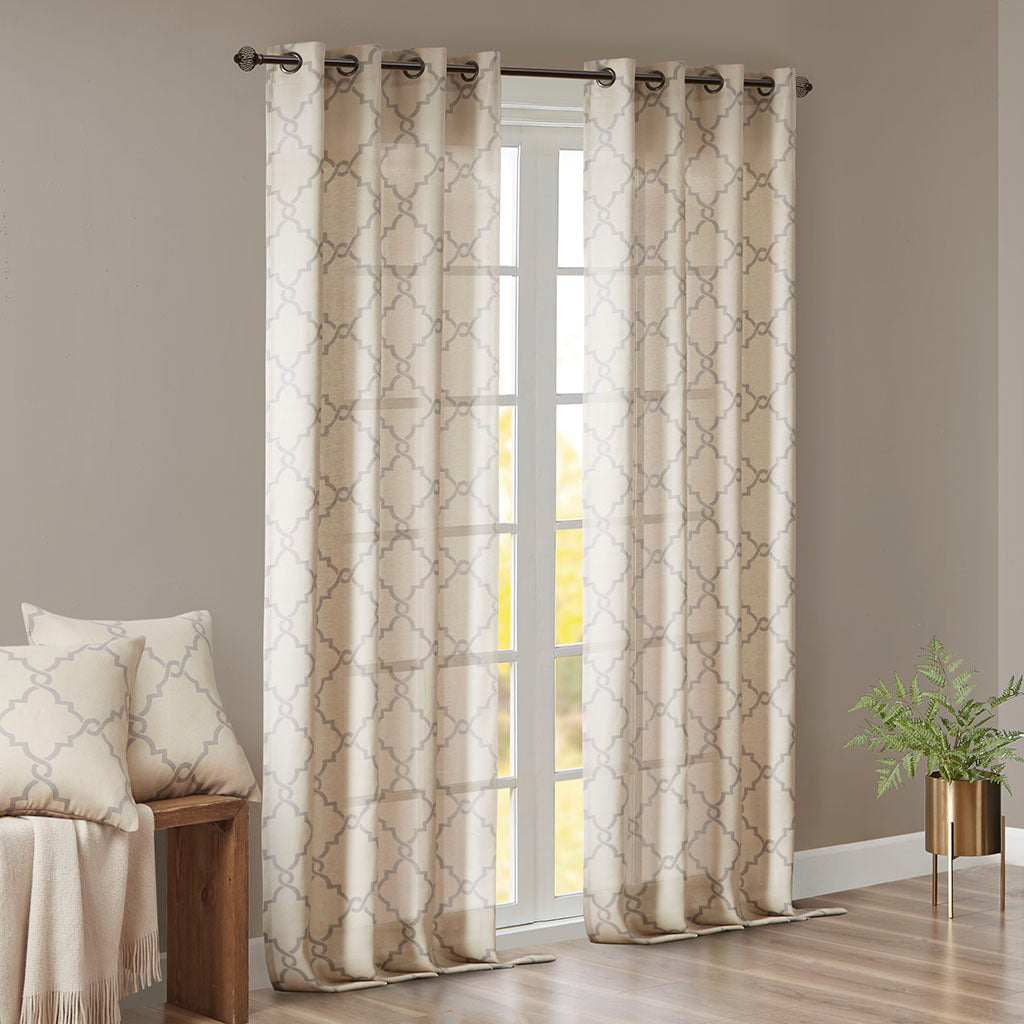 Fretwork Print Grommet Top Window Curtain Panel Only 1 Pc Panel Beige Grey Polyester