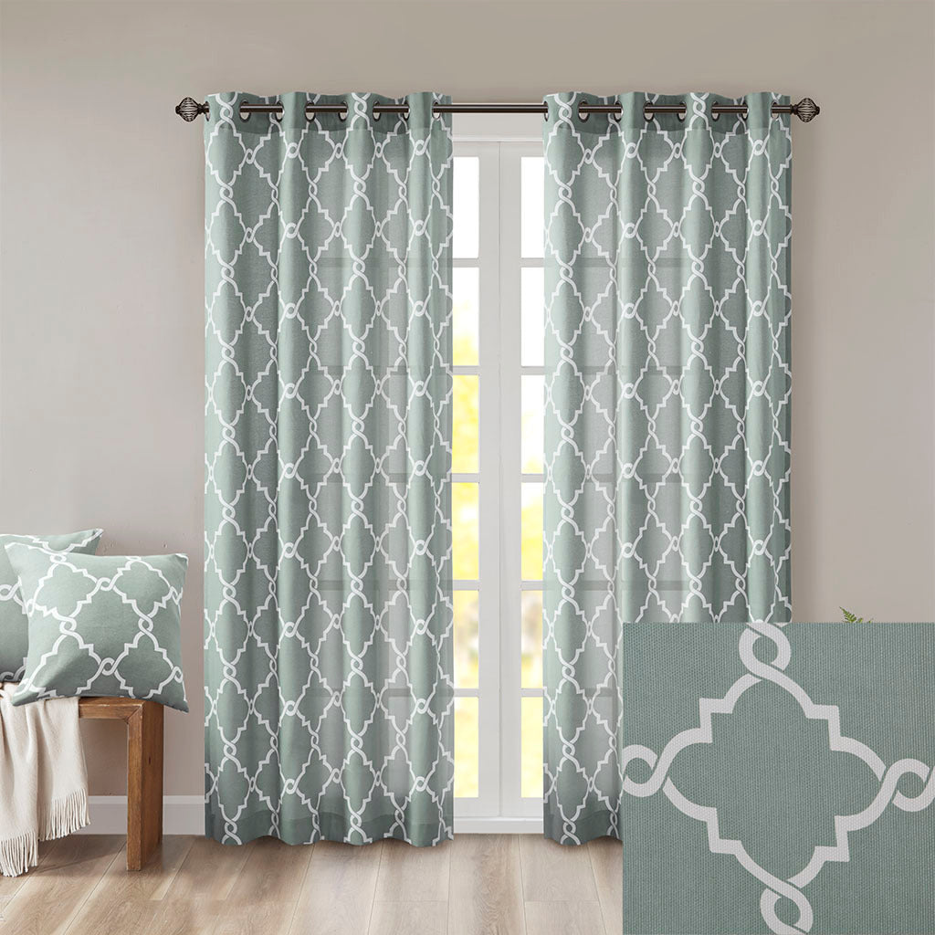 Fretwork Print Grommet Top Window Curtain Panel Only 1 Pc Panel Seafoam White Polyester