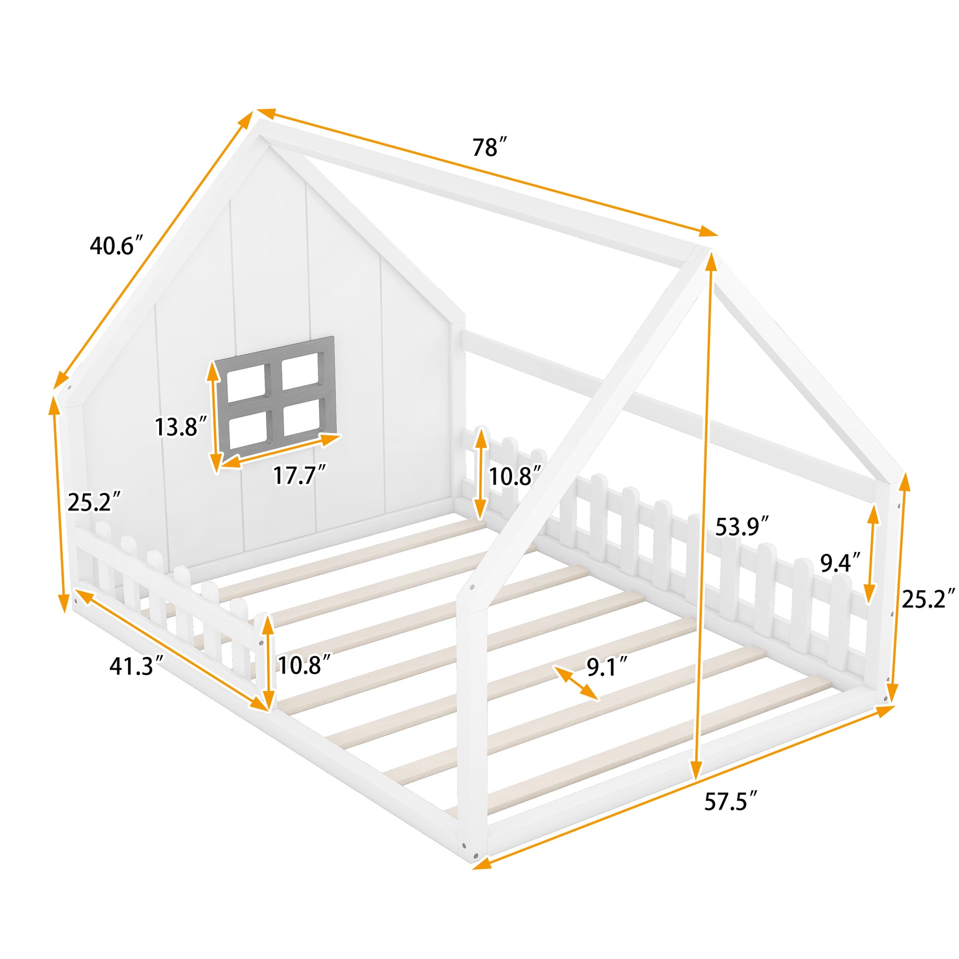 Full Size Wood House Bed With Window And Fence, White Box Spring Not Required Full White Wood Bedroom Pine Bed Frame Solid Wood Mdf