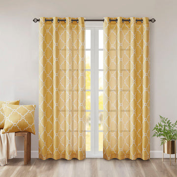 Fretwork Print Grommet Top Window Curtain Panel Only 1 Pc Panel Yellow White Polyester