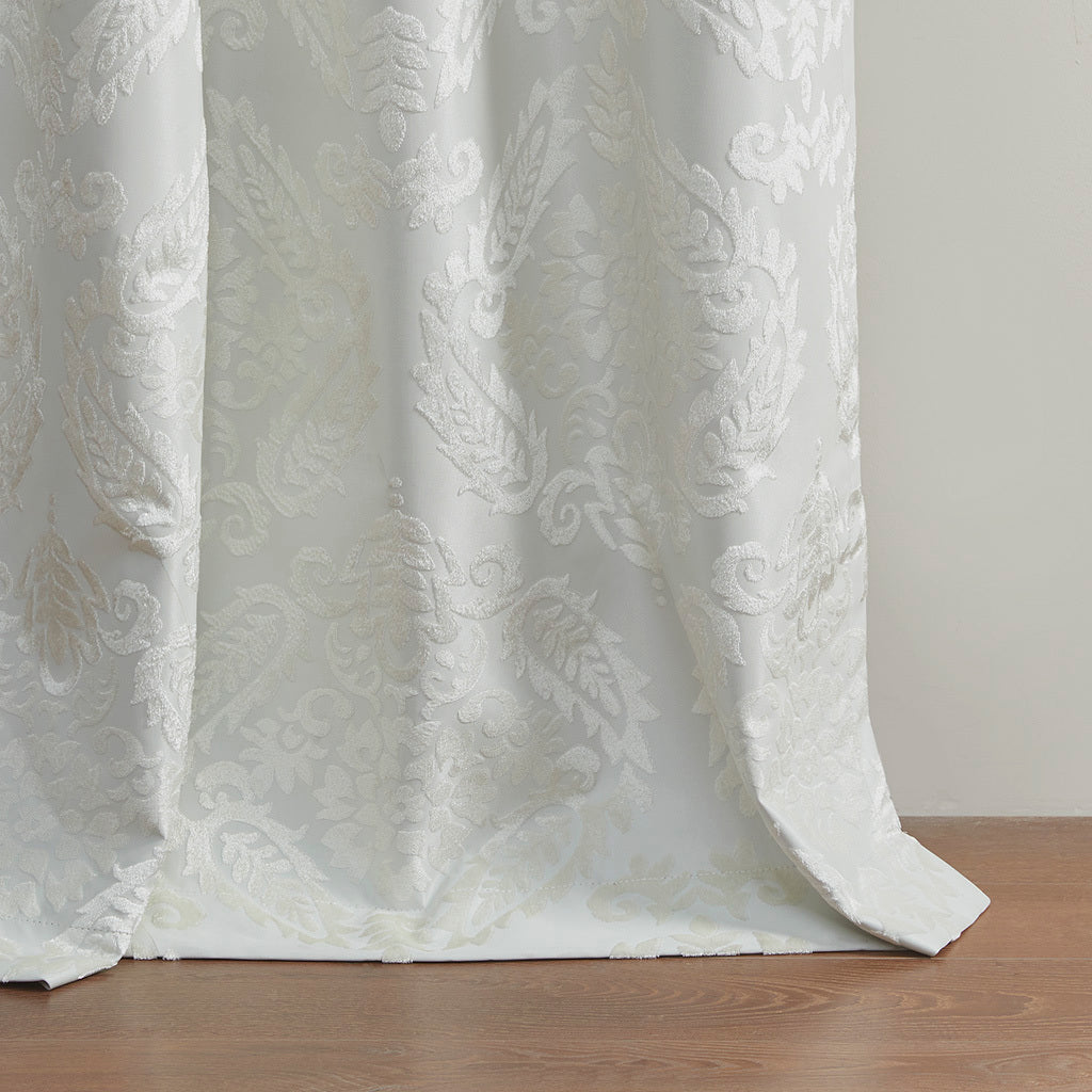 Knitted Jacquard Paisley Total Blackout Grommet Top Curtain Panel Only 1 Pc Panel White Polyester