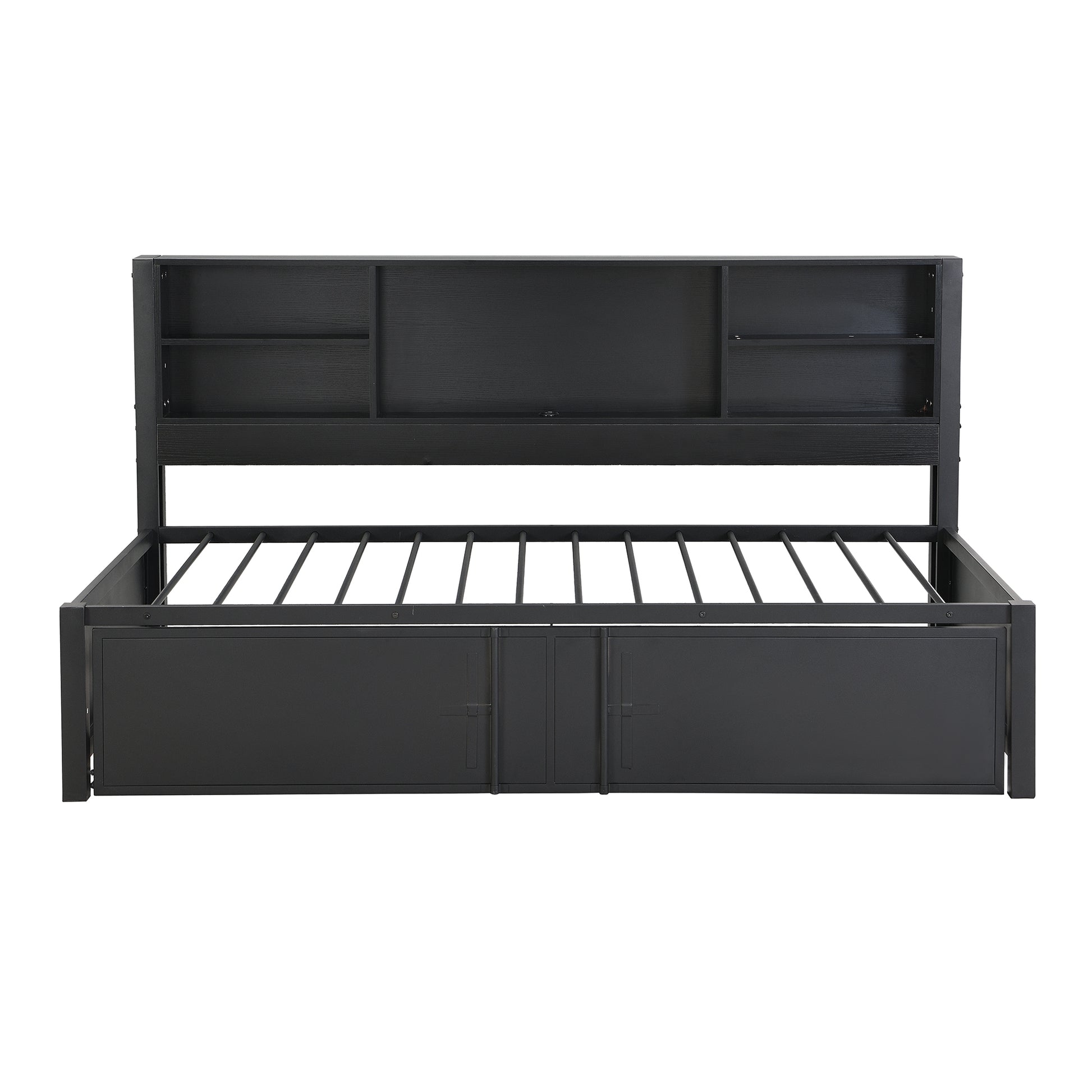 Metal Twin Size Daybed With Twin Size Trundle, Storage Shelves And Usb Ports, Black Box Spring Not Required Twin Black Metal Bed Frame Metal & Wood