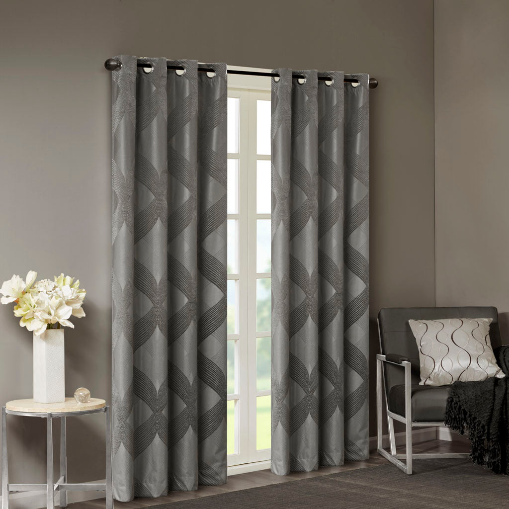 Ogee Knitted Jacquard Total Blackout Curtain Panel Only 1 Pc Panel Charcoal Polyester