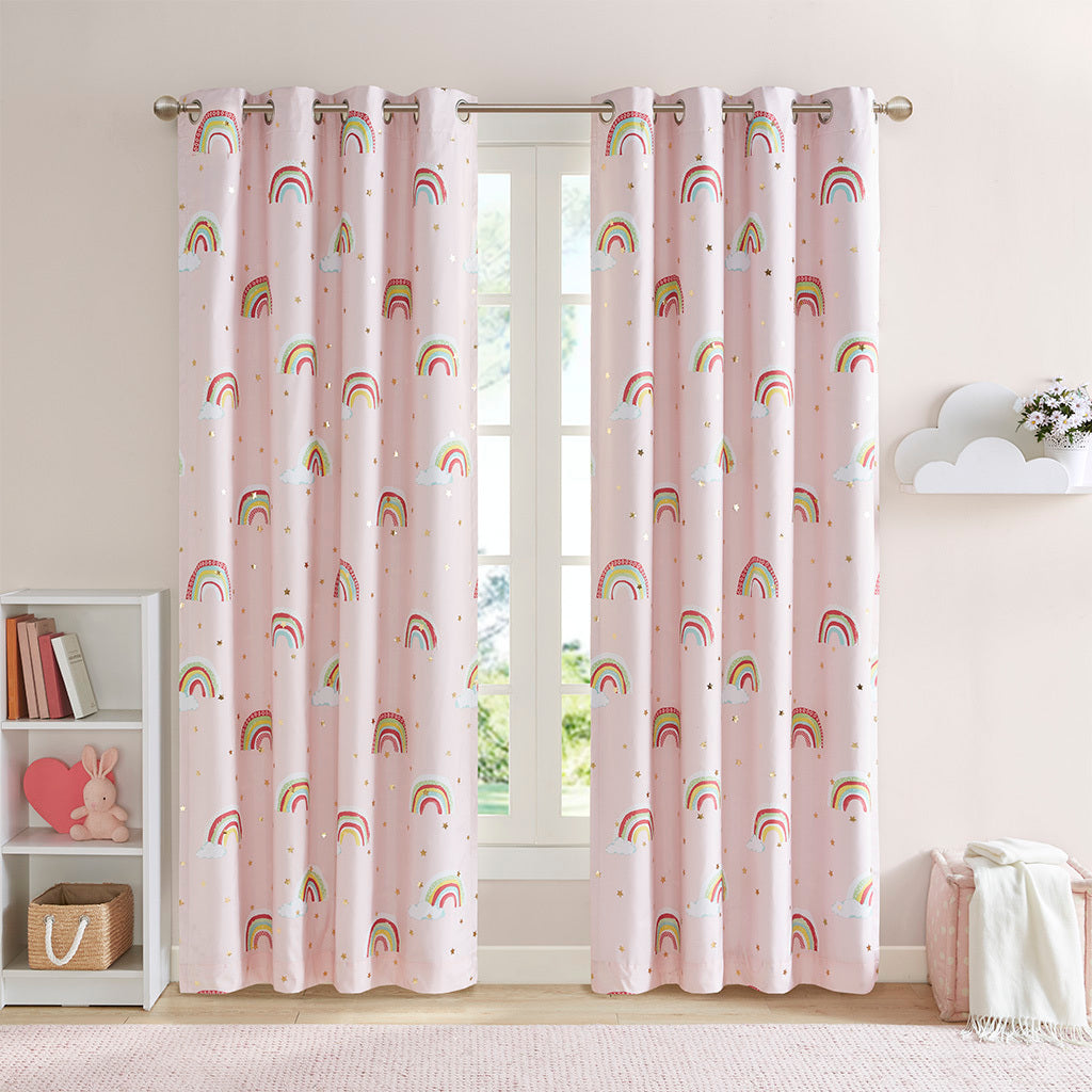 Rainbow With Metallic Printed Total Blackout Curtain Panel Only 1 Pc Panel Pink Polyester