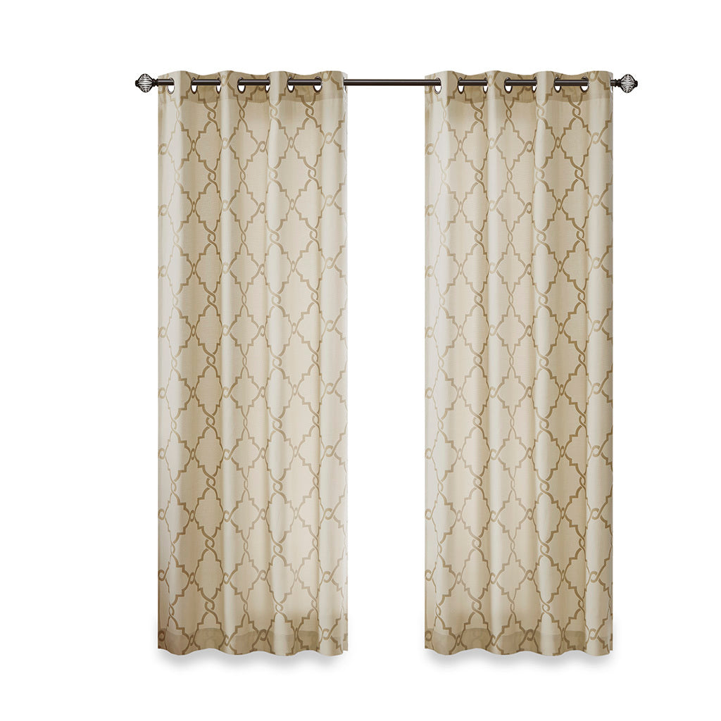 Fretwork Print Grommet Top Window Curtain Panel Only 1 Pc Panel Beige Gold Polyester