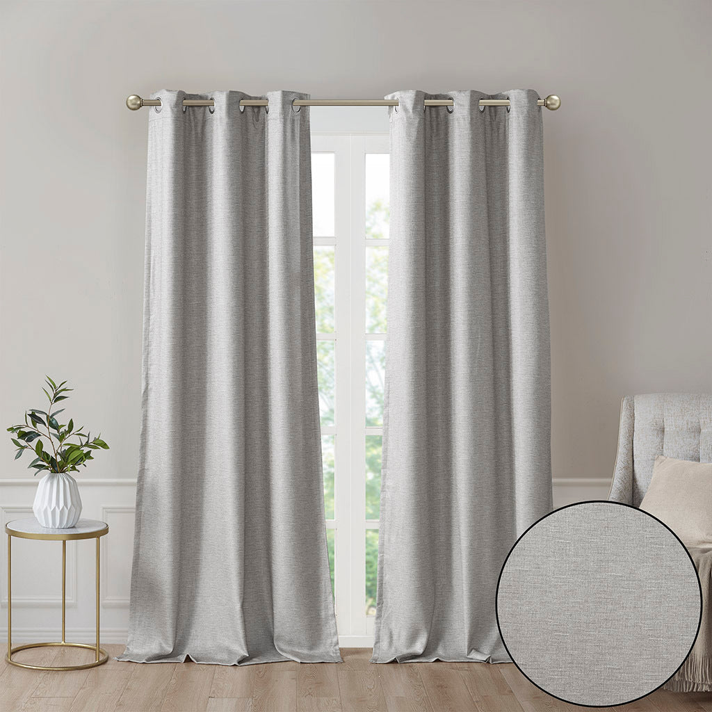 Tonal Printed Faux Silk Total Blackout Curtain Panel Pair 2 Pcs Window Panels Grey Polyester