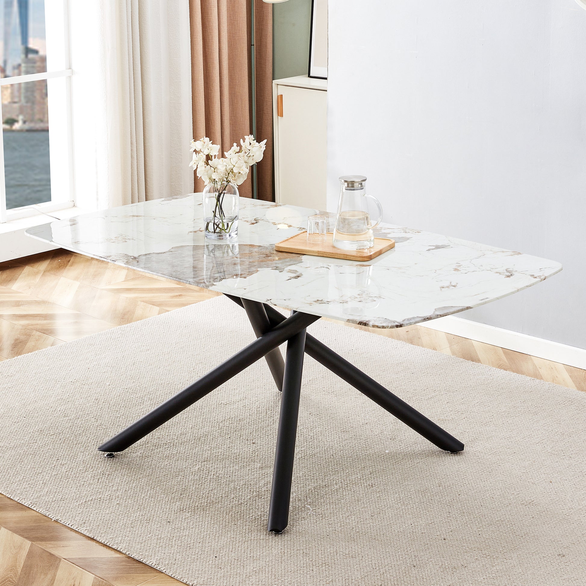 Large rectangular imitation marble dining table, 6 8 white+black-glass