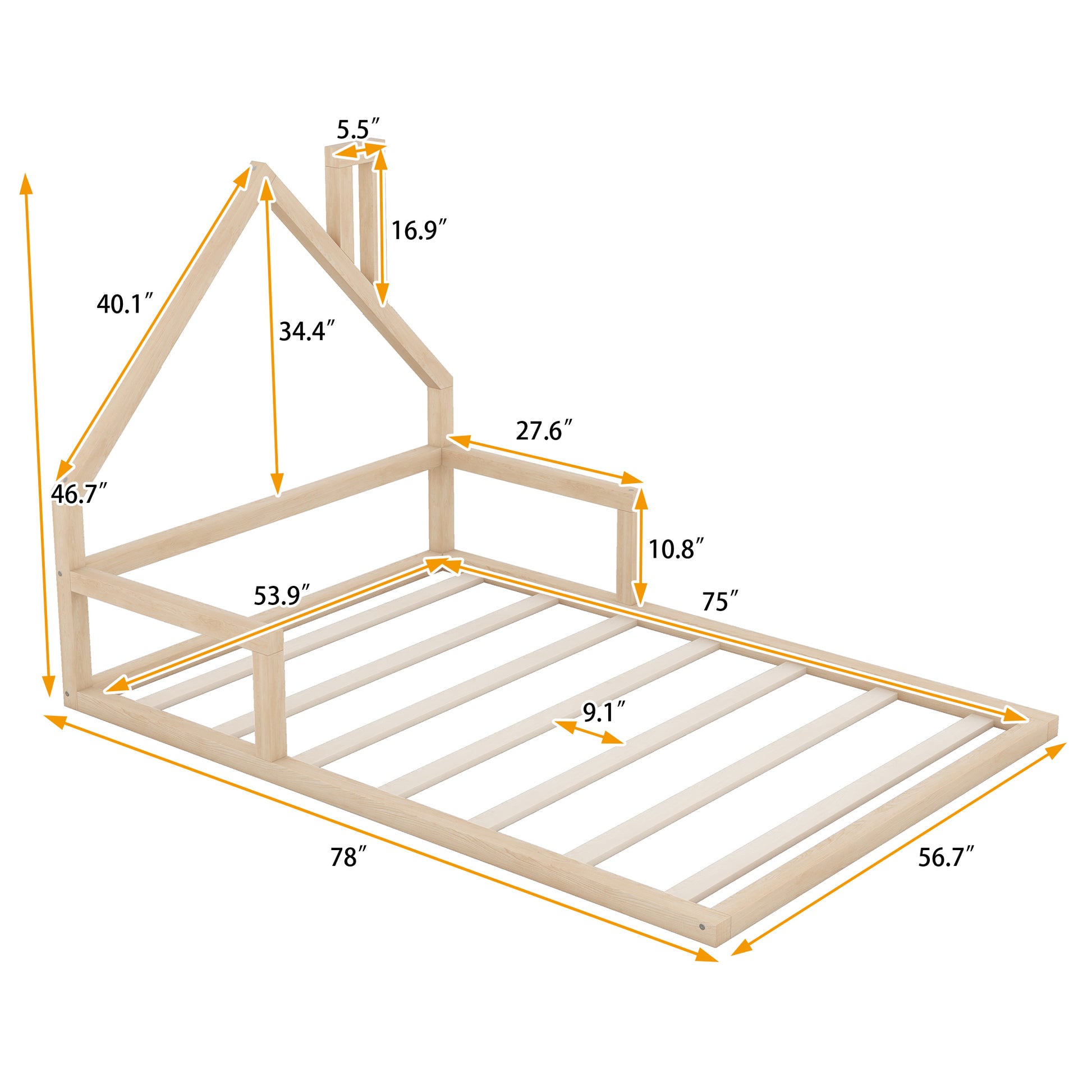 Full Size Wood Floor Bed With House Shaped Headboard, Natural Box Spring Not Required Full Natural Wood Bedroom Pine Bed Frame Solid Wood Mdf