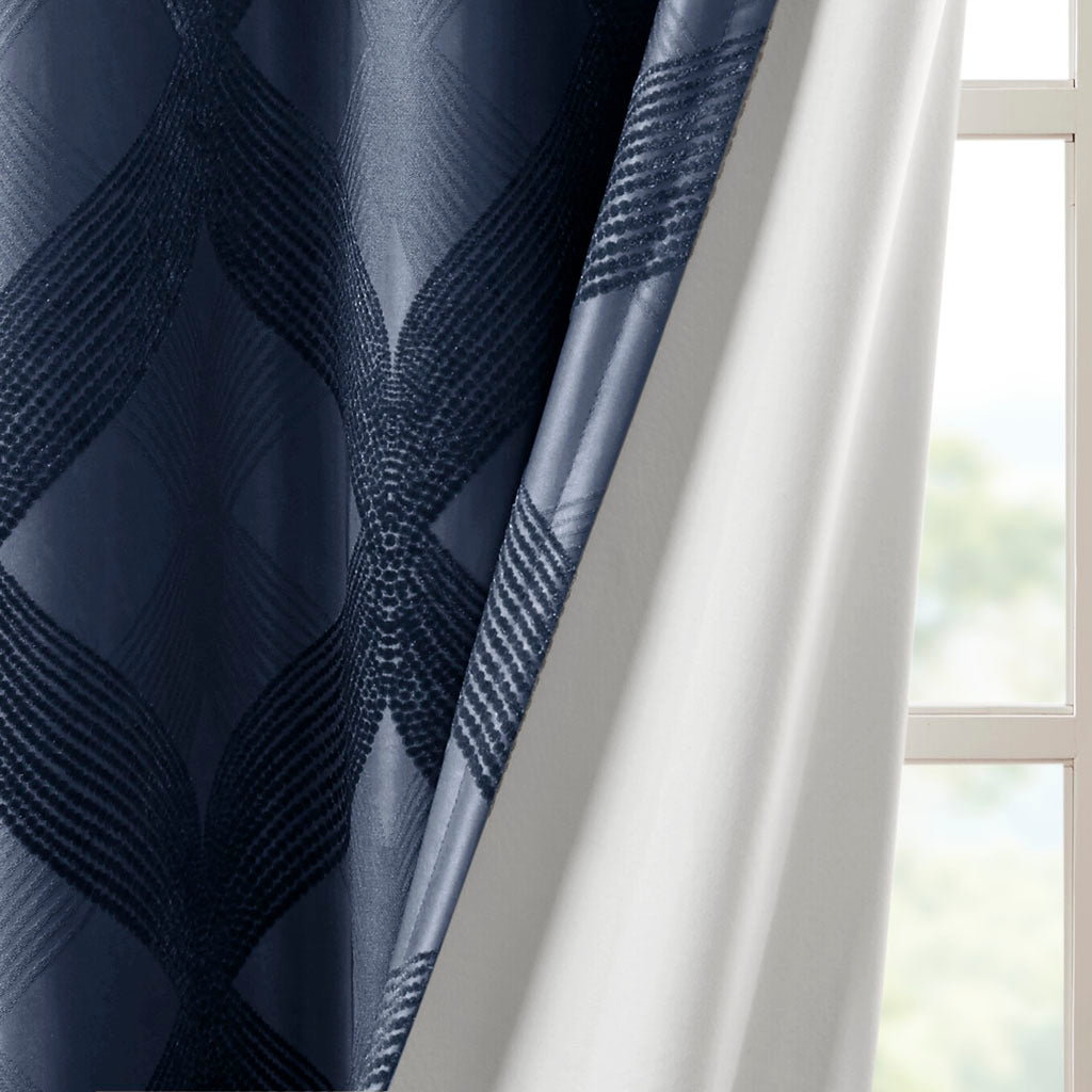 Ogee Knitted Jacquard Total Blackout Curtain Panel Only 1 Pc Panel Navy Polyester