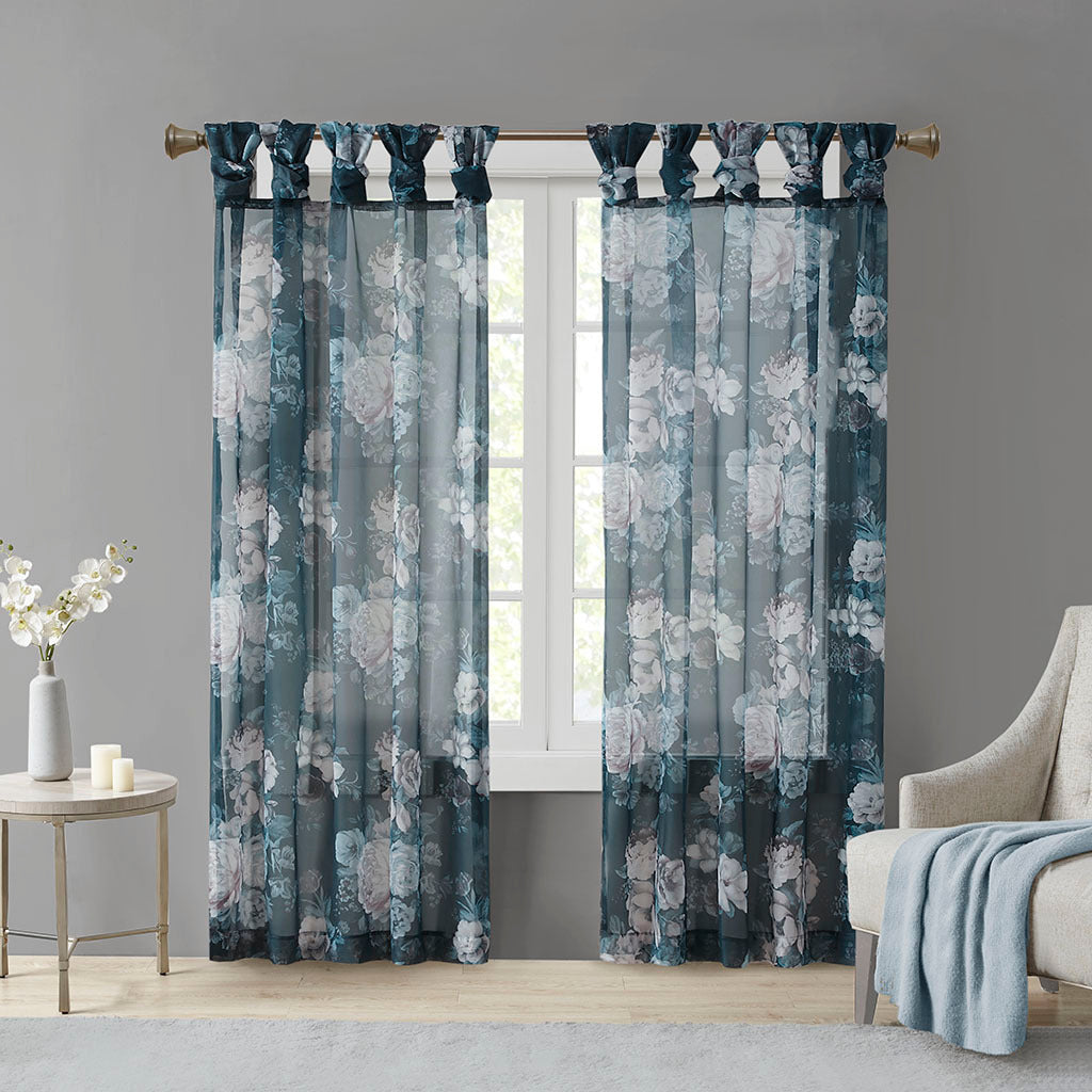 Printed Floral Twist Tab Top Voile Sheer Curtain Navy Polyester