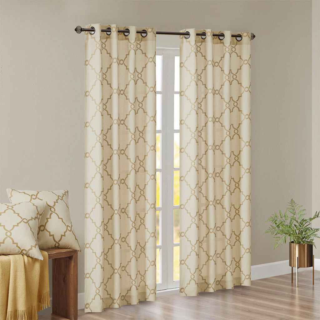 Fretwork Print Grommet Top Window Curtain Panel Only 1 Pc Panel Beige Gold Polyester