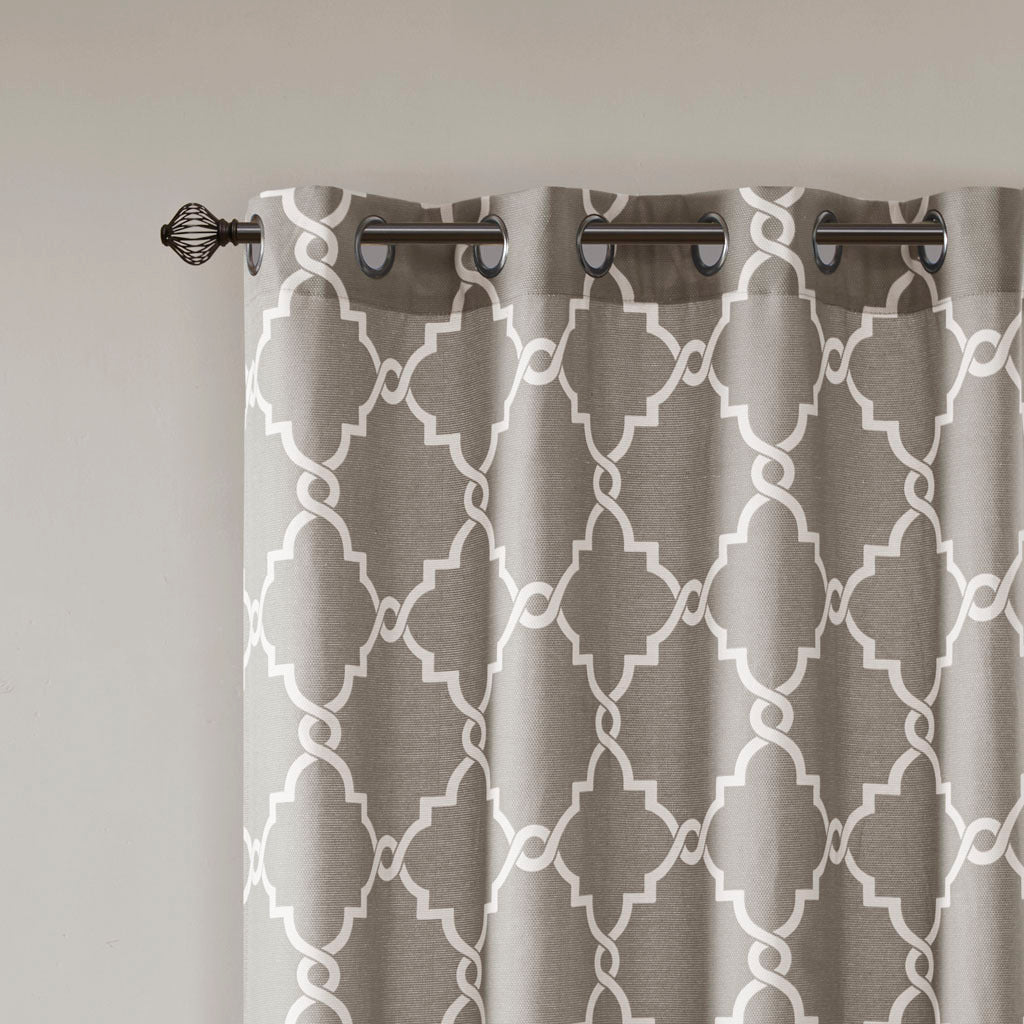 Fretwork Print Grommet Top Window Curtain Panel Only 1 Pc Panel Grey White Polyester