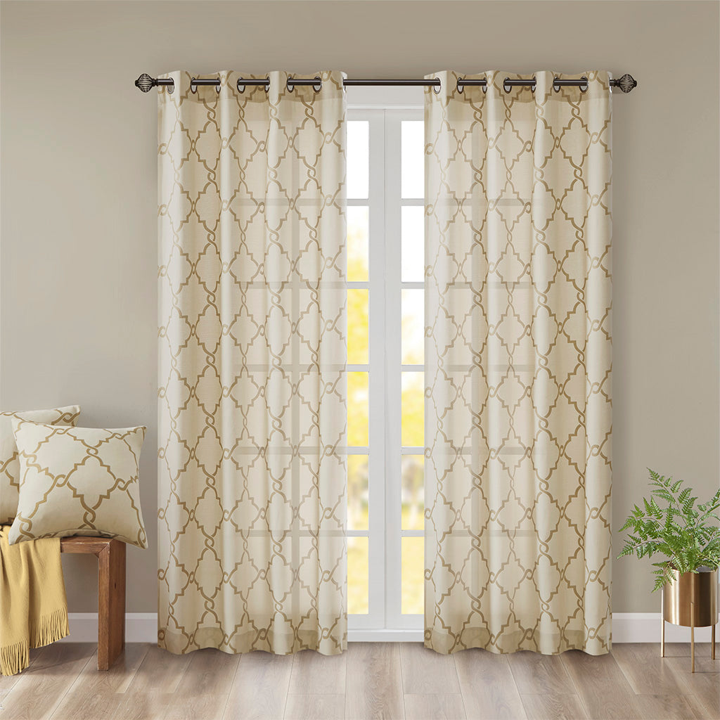 Fretwork Print Grommet Top Window Curtain Panel Only 1 Pc Panel Beige Gold Polyester