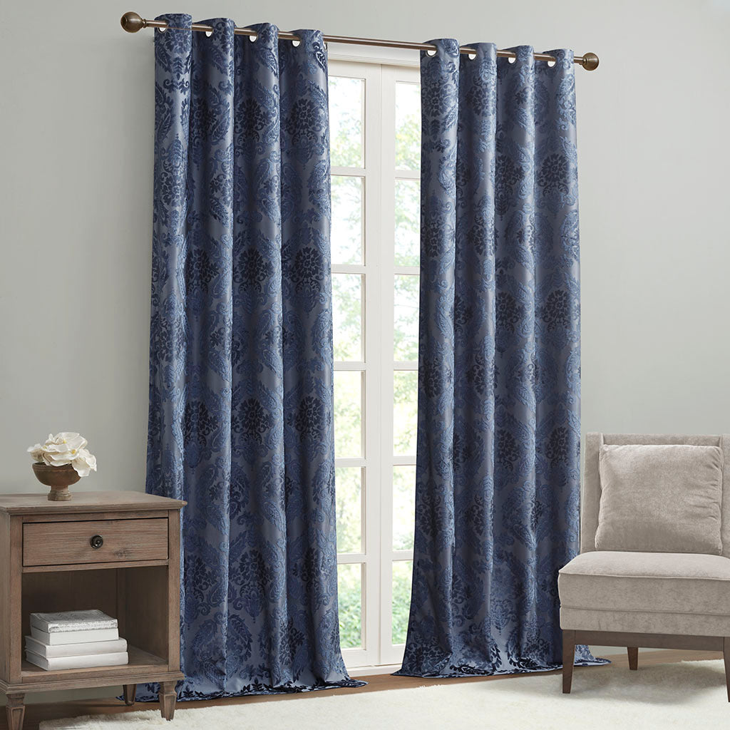 Knitted Jacquard Paisley Total Blackout Grommet Top Curtain Panel Only 1 Pc Panel Navy Polyester