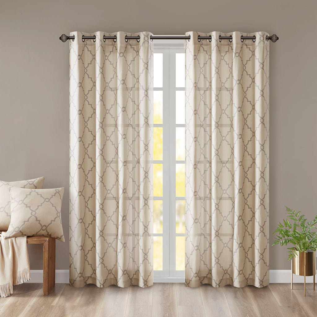 Fretwork Print Grommet Top Window Curtain Panel Only 1 Pc Panel Beige Grey Polyester