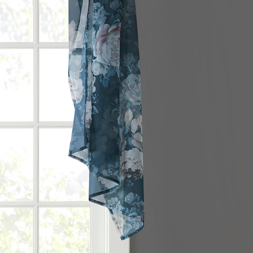 Printed Floral Voile Sheer Scarf Navy Polyester