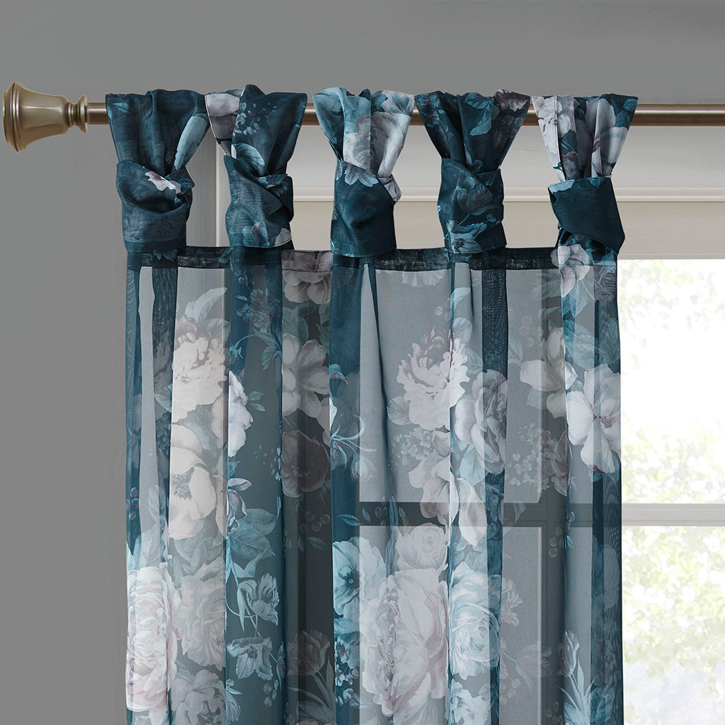 Printed Floral Twist Tab Top Voile Sheer Curtain Only 1 Pc Panel Navy Polyester