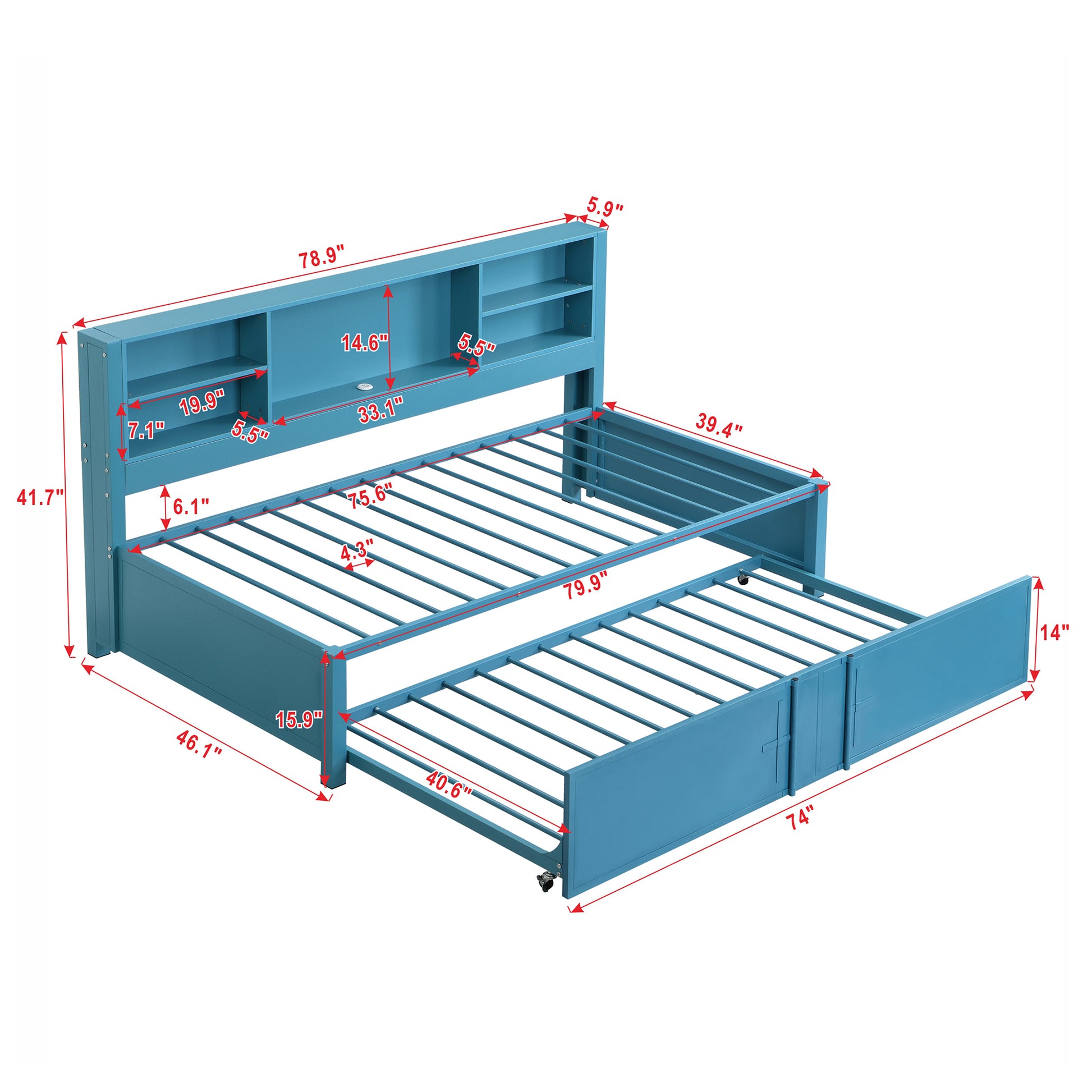 Metal Twin Size Daybed With Twin Size Trundle, Storage Shelves And Usb Ports, Blue Box Spring Not Required Twin Blue Metal Bed Frame Metal & Wood