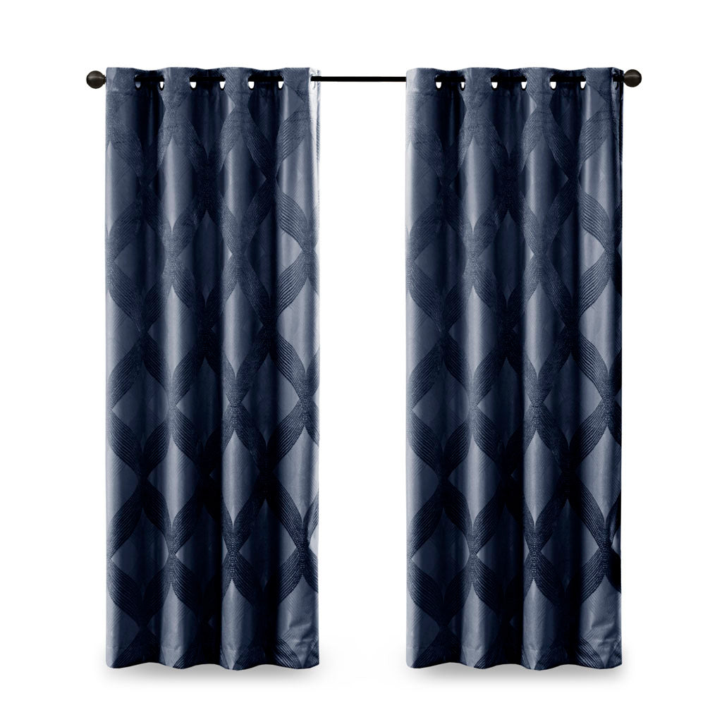 Ogee Knitted Jacquard Total Blackout Curtain Panel Only 1 Pc Panel Navy Polyester