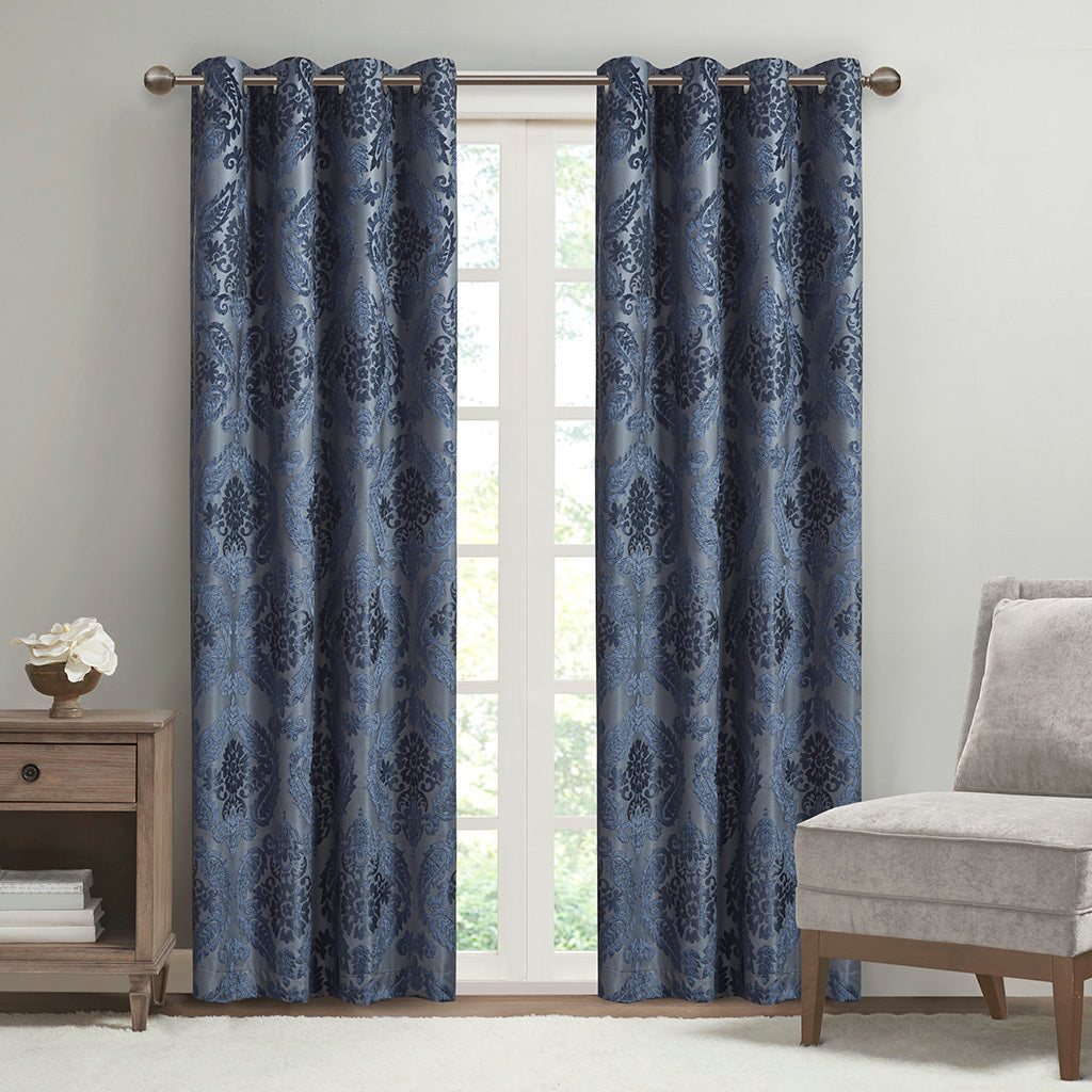 Knitted Jacquard Paisley Total Blackout Grommet Top Curtain Panel Only 1 Pc Panel Navy Polyester