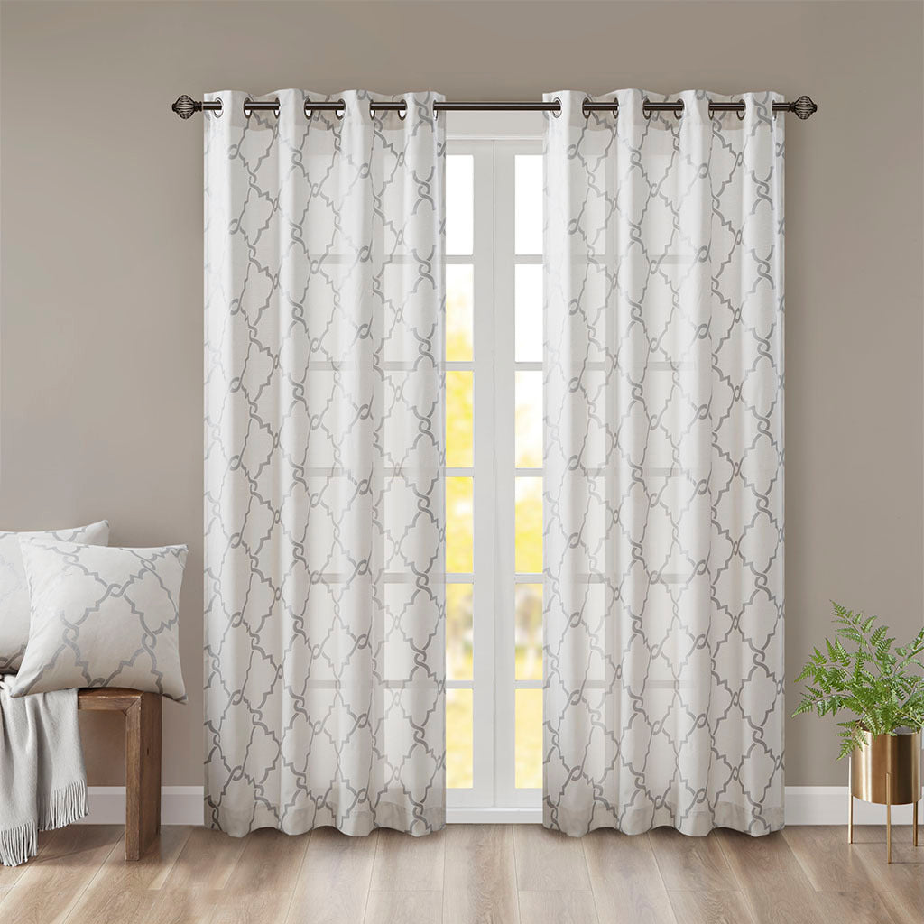 Fretwork Print Grommet Top Window Curtain Panel Only 1 Pc Panel Ivory Grey Polyester