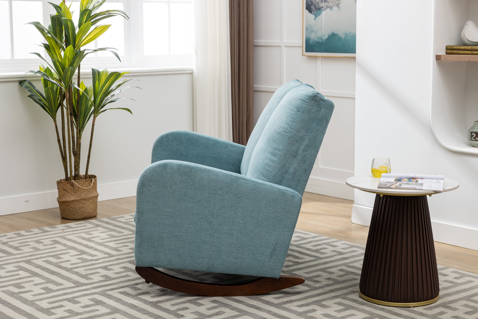 Coolmore Rocking Chair Upholstered Mid Century Modern Rocker Oversized Wingback Armchair For Living Room Light Blue Linen