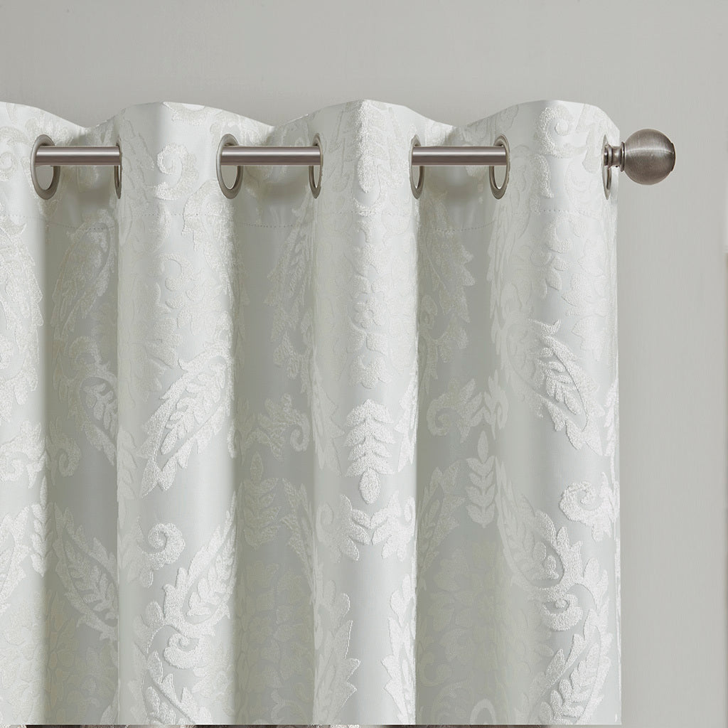 Knitted Jacquard Paisley Total Blackout Grommet Top Curtain Panel Only 1 Pc Panel White Polyester