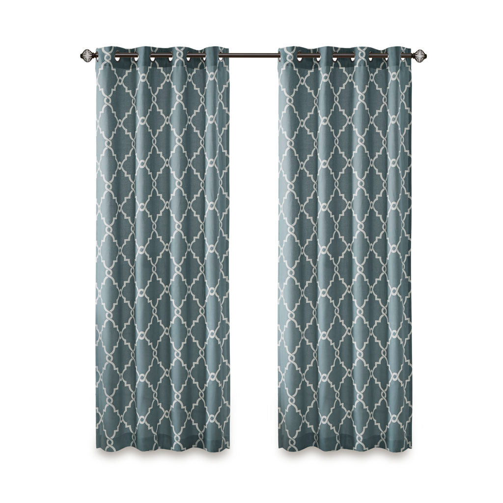 Fretwork Print Grommet Top Window Curtain Panel Only 1 Pc Panel White Blue Polyester