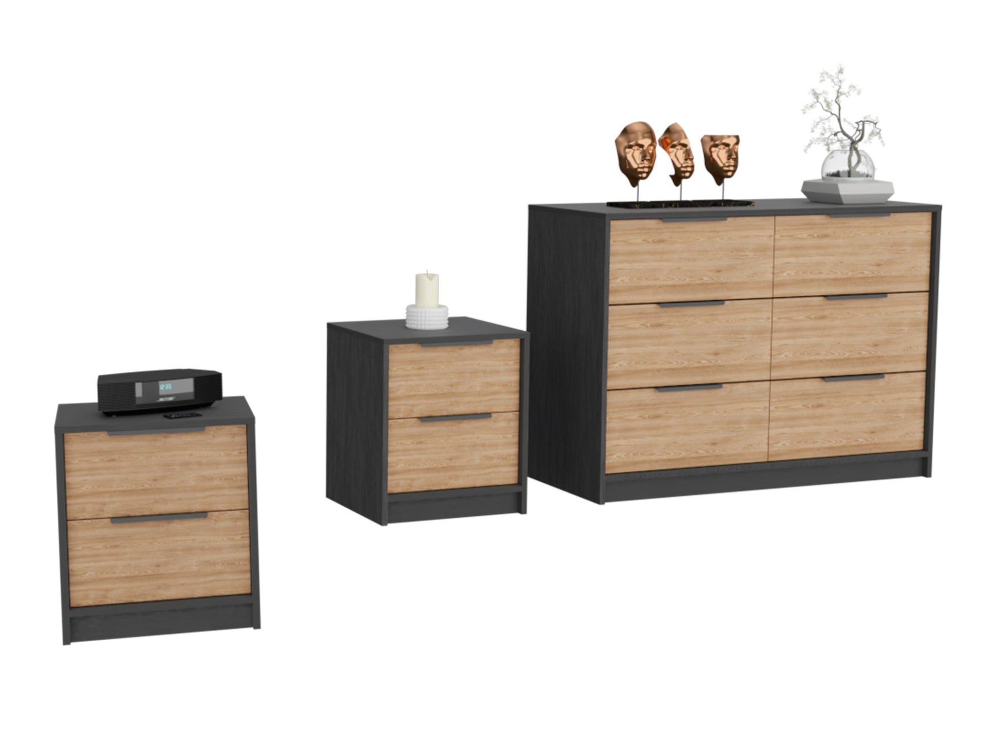 Centura 3 Piece Bedroom Set, Two Nightstands And Dresser, Black And Pine Brown 2 Piece Set Bedroom Engineered Wood