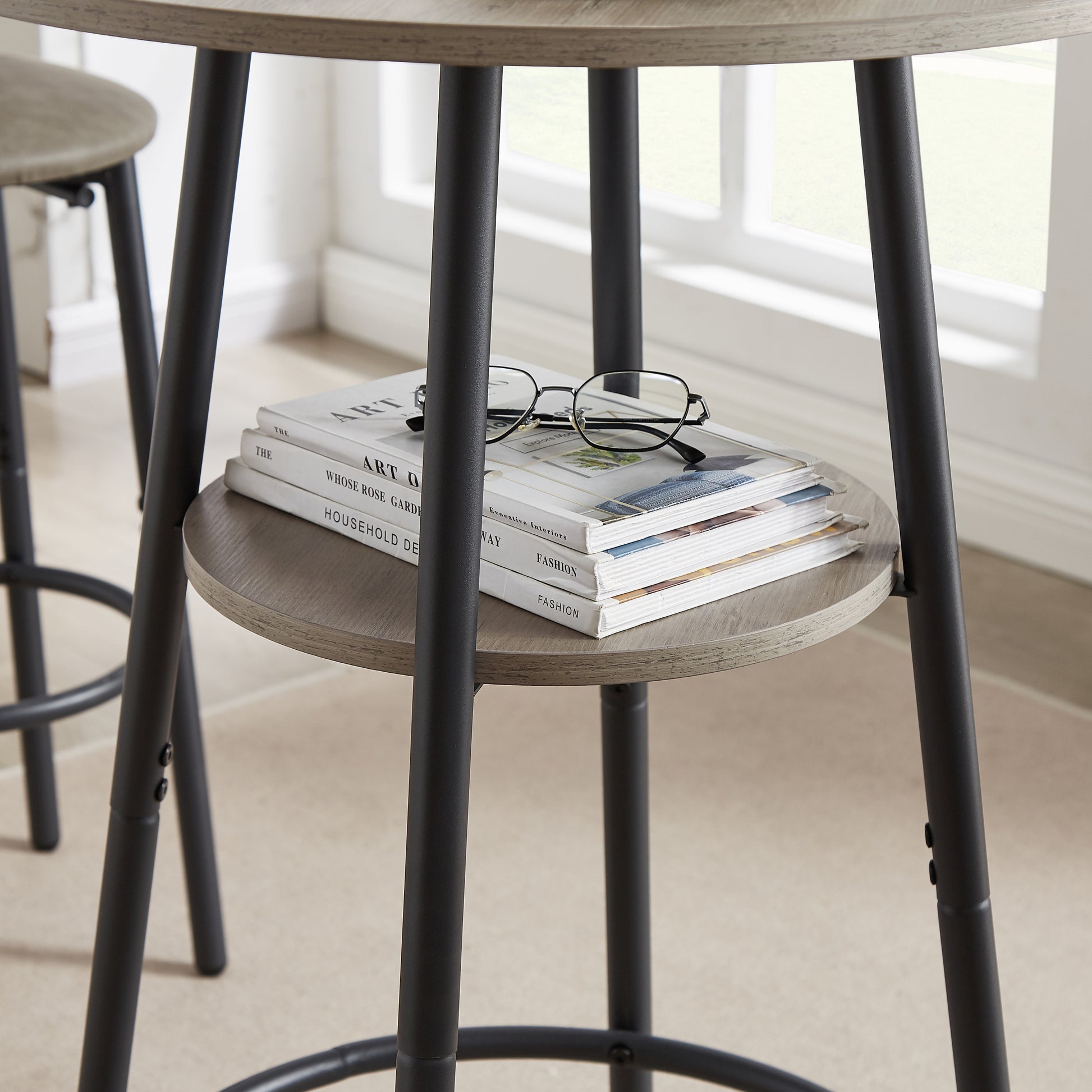 Round Bar Stool Set With Shelf, Upholstered Stool With Backrest Grey, 23.62'' W X 23.62'' D X 35.43'' H. Grey Particle Board