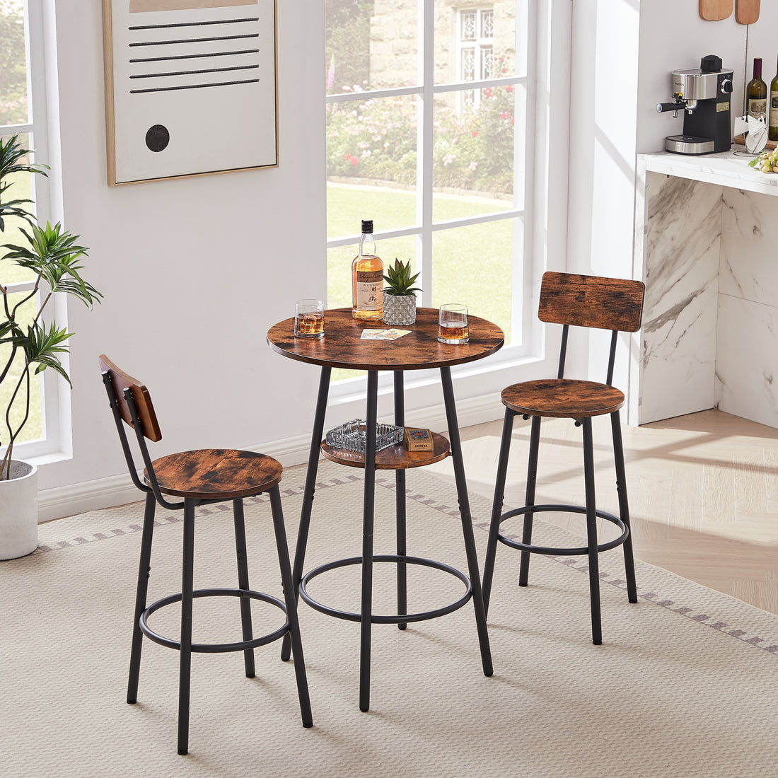 Round Bar Stool Set With Shelves, Stool With Backrest Rustic Brown, 23.6'' Dia X 35.4'' H Rustic Brown Particle Board