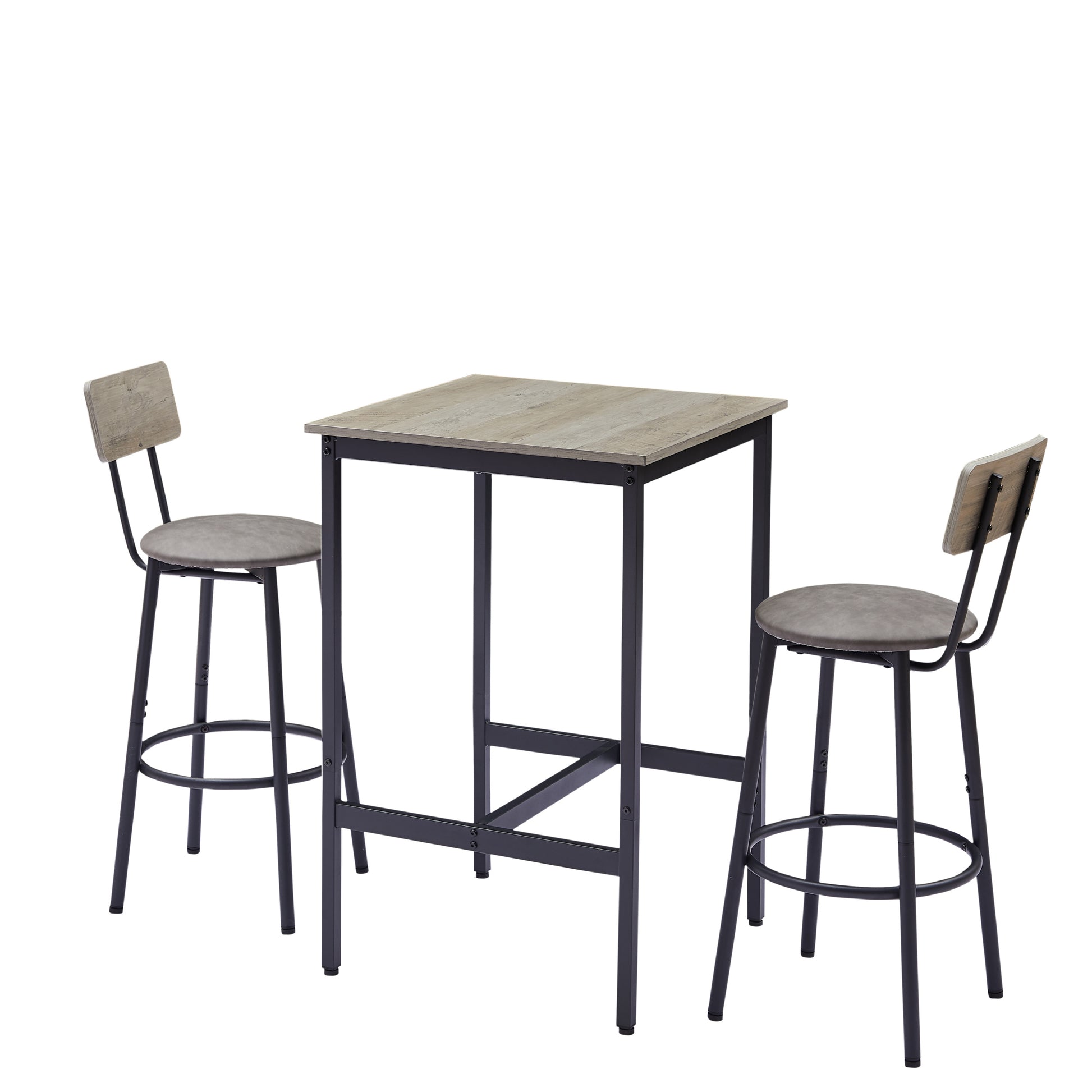 Bar Table Set With 2 Bar Stools Pu Soft Seat With Backrest, Grey, 23.62'' W X 23.62'' D X 35.43'' H Grey Particle Board