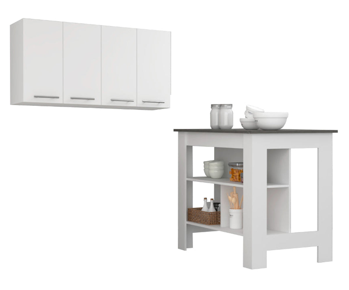 White And Onyx 2 Piece Kitchen Set, Kitchen Island And Wall Cabinet White Engineered Wood