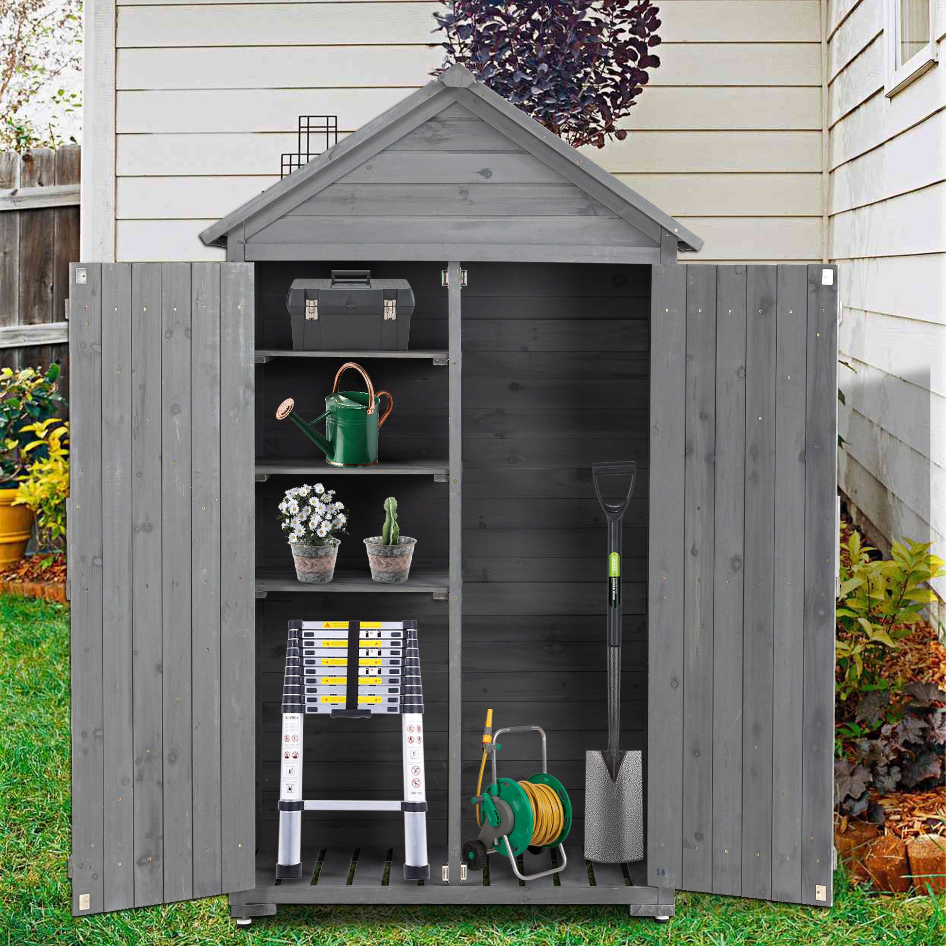 Outdoor Storage Cabinet, Garden Wood Tool Shed, Outside Wooden Shed Closet With Shelves And Latch For Yard 39.56"X 22.04"X 68.89" Grey Wood Stainless Steel
