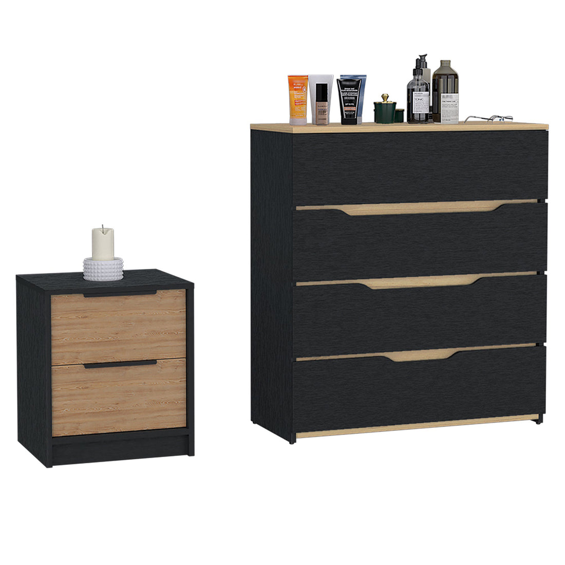 Medella 2 Piece Bedroom Set, Nightstand And Dresser, Black, Pine And Light Oak Black Bedroom Engineered Wood