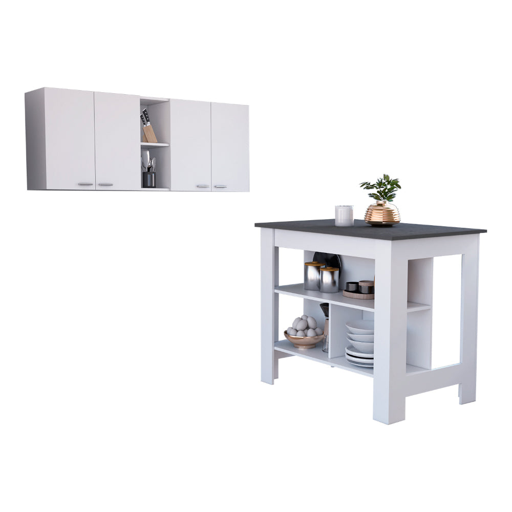 White And Onyx 2 Piece Kitchen Set, Wall Cabinet And Kitchen Island White Engineered Wood