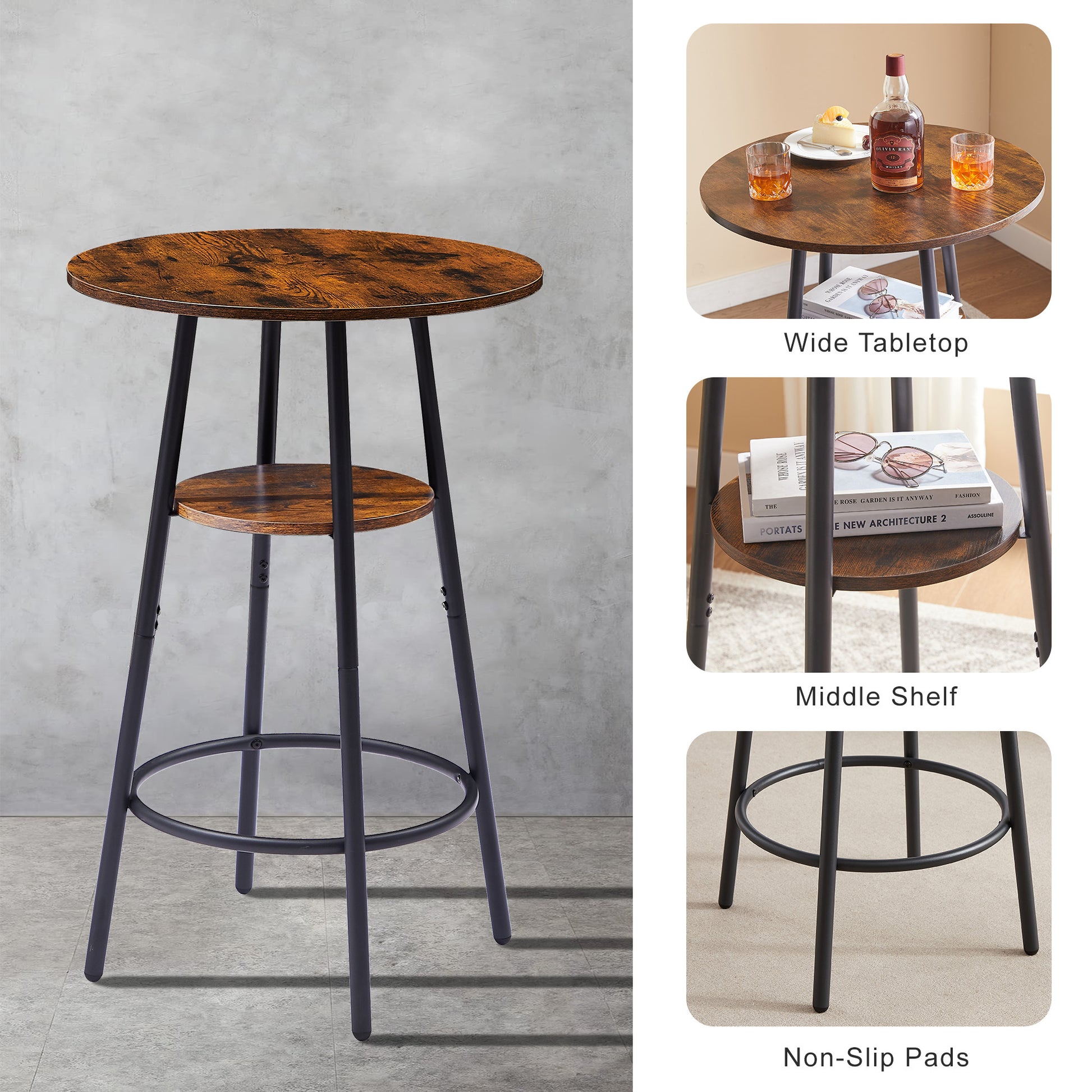 Round Bar Stool Set With Shelf, Upholstered Stool With Backrest, Rustic Brown, 23.62'' W X 23.62'' D X 35.43'' H Rustic Brown Particle Board