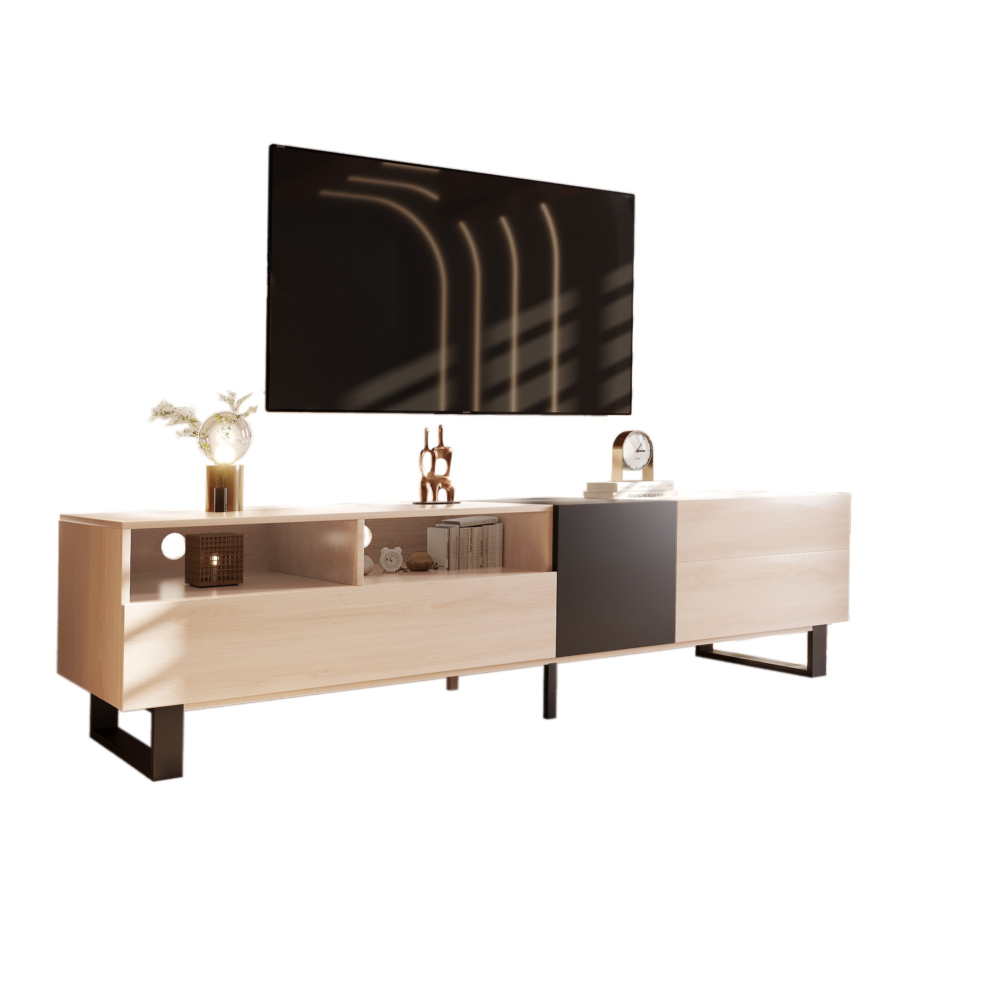Modern TV Stand for 80'' TV with Double Storage Space natural wood-mdf