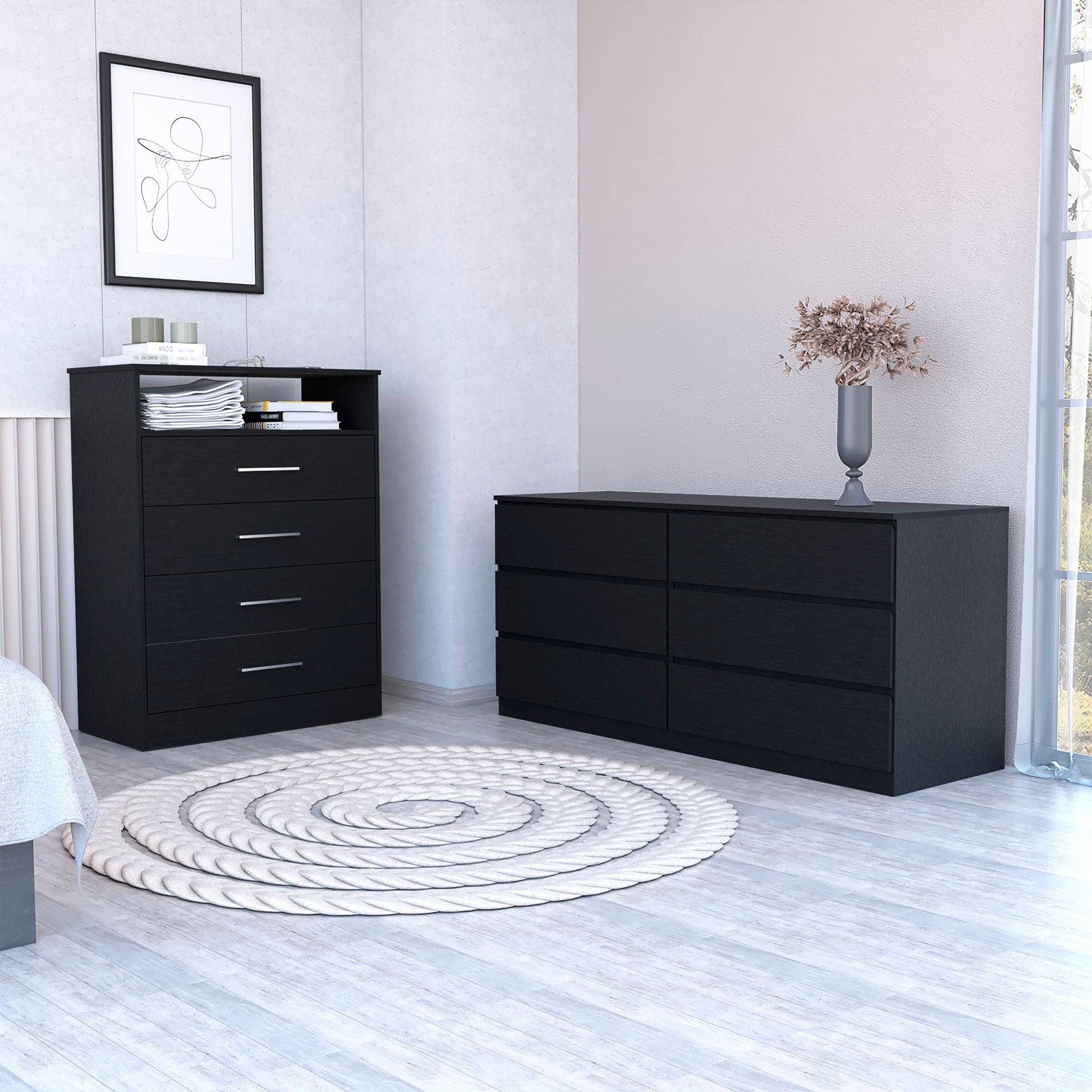 Wilmington 2 Piece Bedroom Set, Dresser And Chest, Black Wengue Black Bedroom Engineered Wood