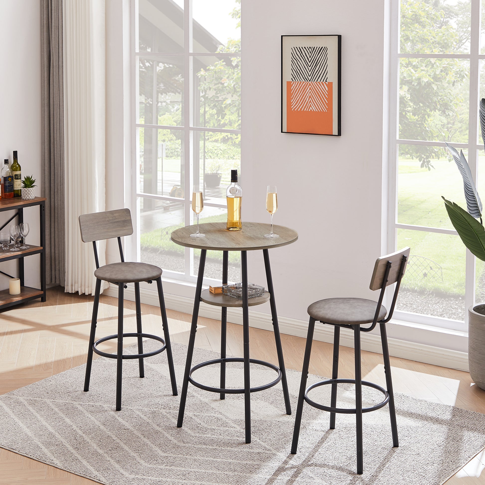 Round Bar Stool Set With Shelf, Upholstered Stool With Backrest Grey, 23.62'' W X 23.62'' D X 35.43'' H. Grey Particle Board