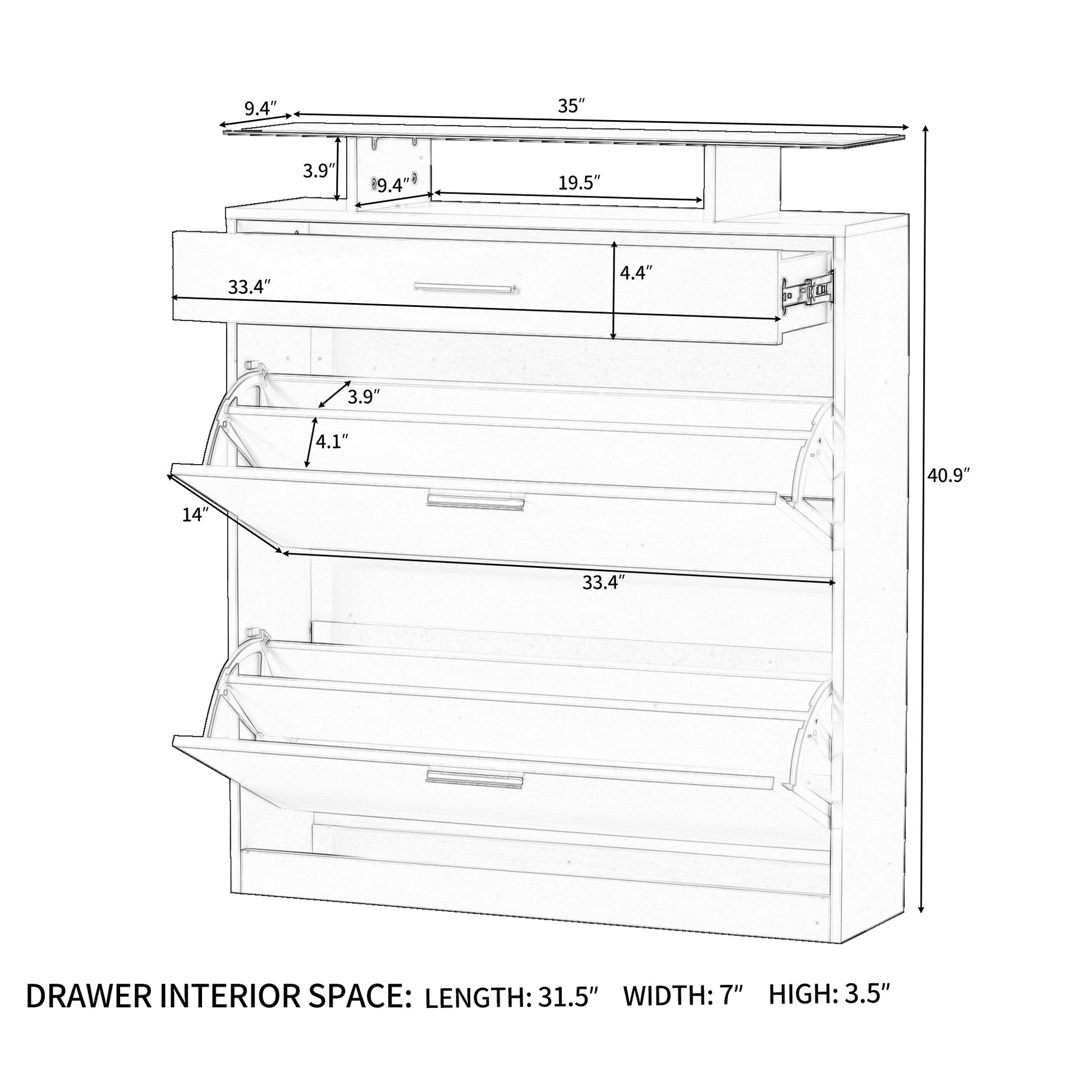 Slim Entryway Organizer With 2 Flip Drawers, Tempered Glass Top Shoe Storage Cabinet With Drawer, Free Standing Shoe Rack With Led Light For Hallway, White Square 3 4 Drawers White Primary Living Space Glass Shelves Modern Particle Board