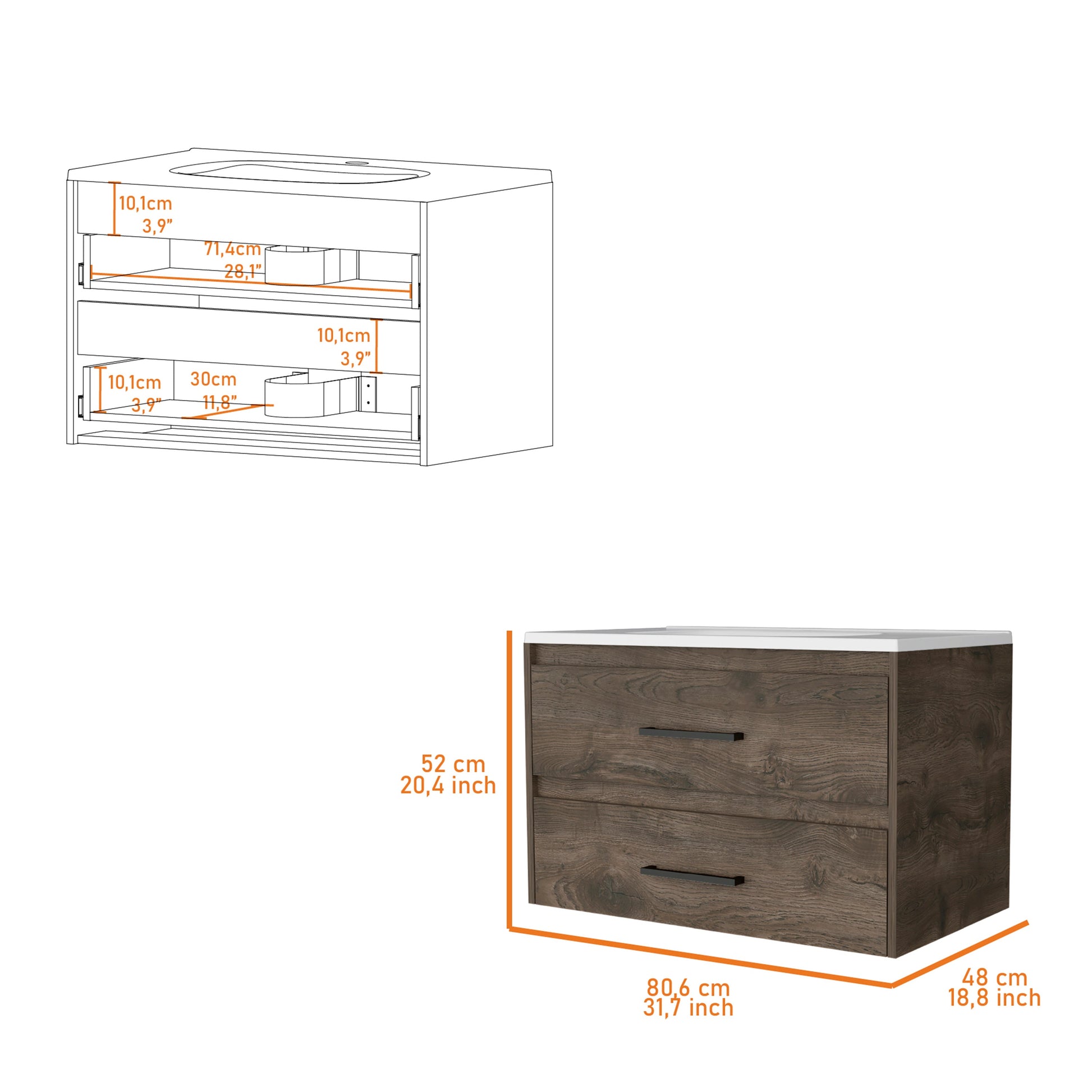 Lafayette 2 Drawer Wall Mounted Bathroom Vanity In Dark Brown And White Brown Engineered Wood