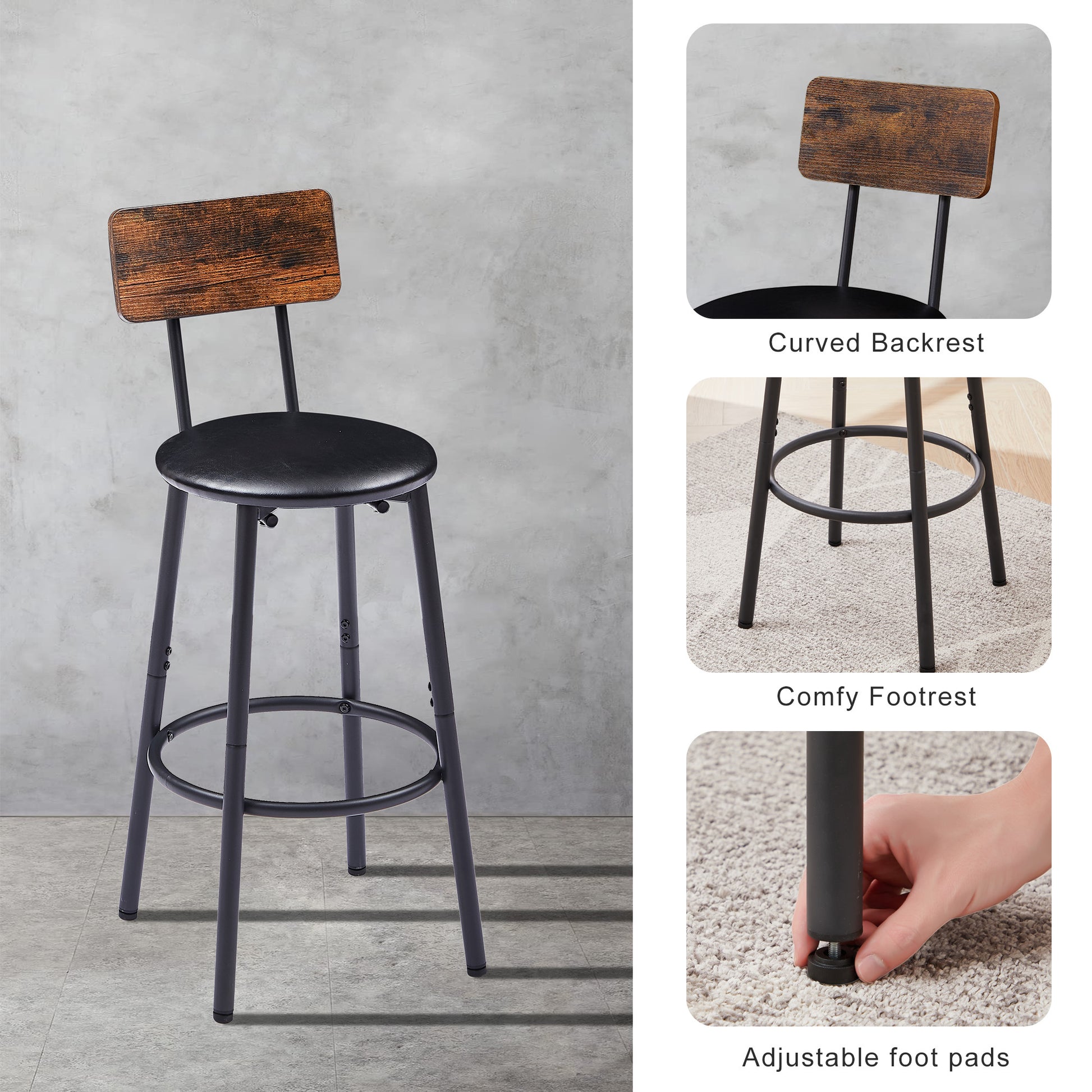 Round Bar Stool Set With Shelf, Upholstered Stool With Backrest, Rustic Brown, 23.62'' W X 23.62'' D X 35.43'' H Rustic Brown Particle Board