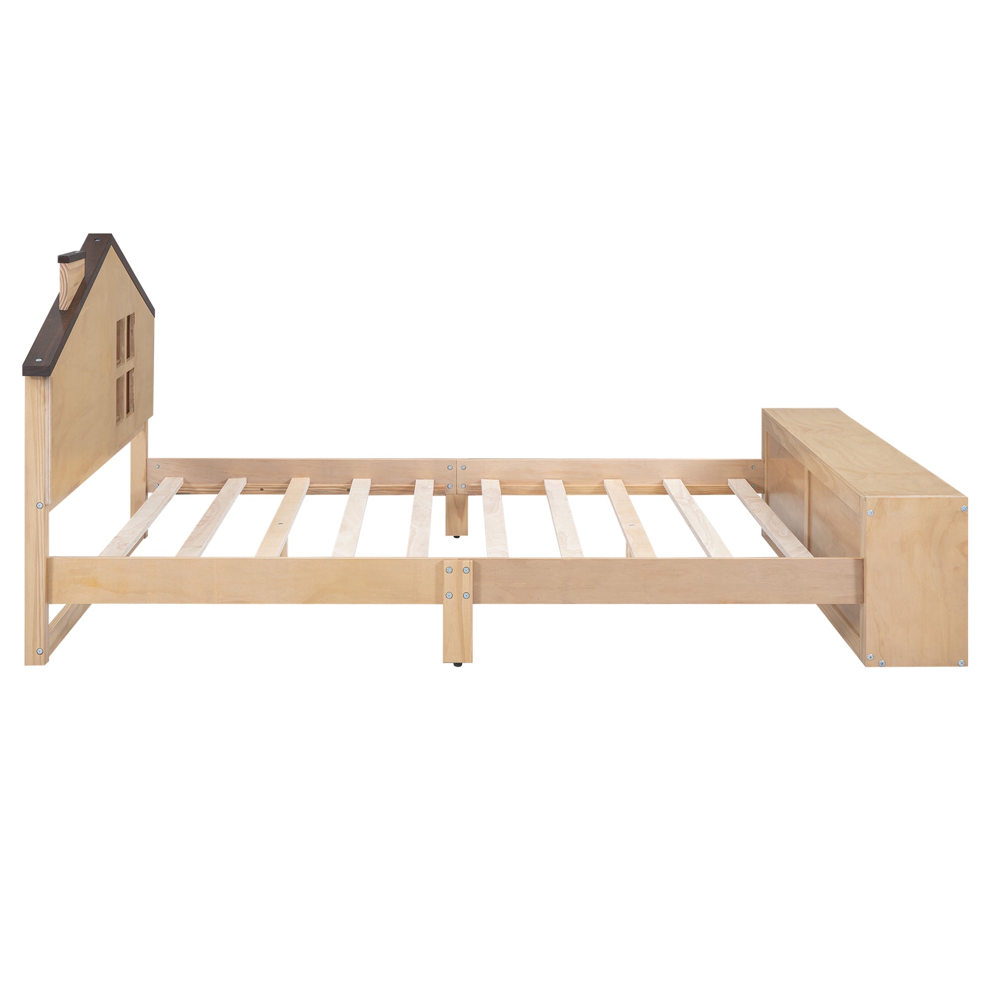 Full Size House Platform Bed with LED Lights and box spring not required-full-natural