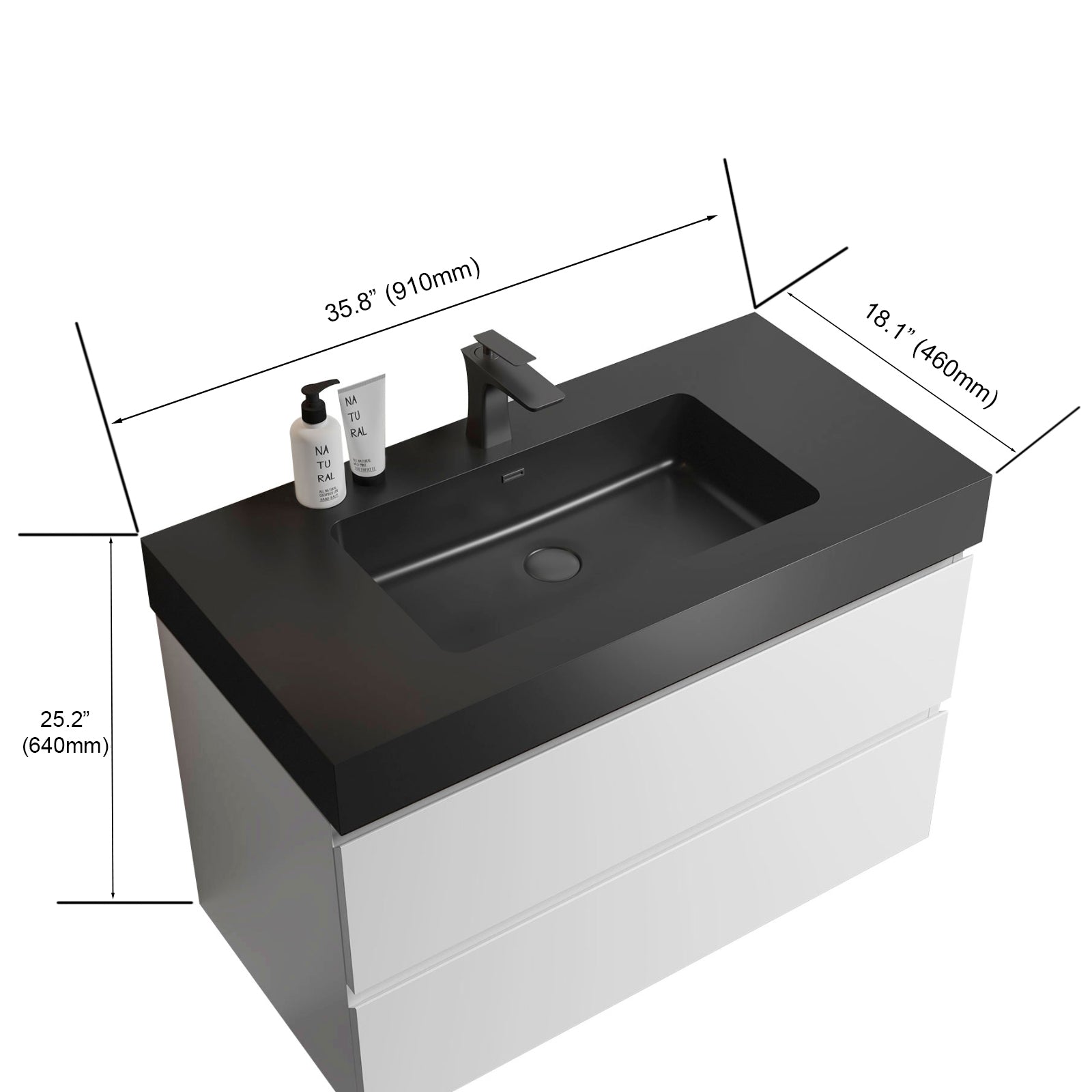 Alice 36" White Bathroom Vanity With Sink, Large Storage Wall Mounted Floating Bathroom Vanity For Modern Bathroom, One Piece Black Sink Basin Without Drain And Faucet, Pre Assembled White Black Melamine