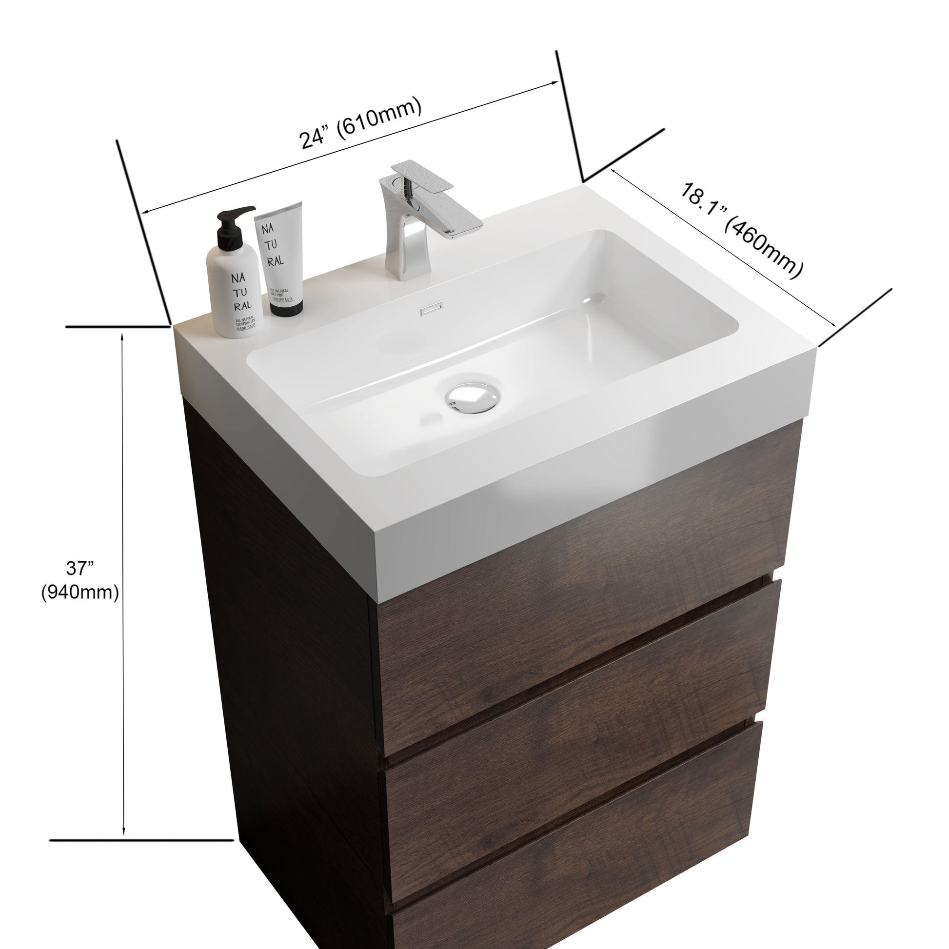 Alice 24" Walnut Bathroom Vanity With Sink, Large Storage Freestanding Bathroom Vanity For Modern Bathroom, One Piece White Sink Basin Without Drain And Faucet, Pre Assembled White Walnut Melamine