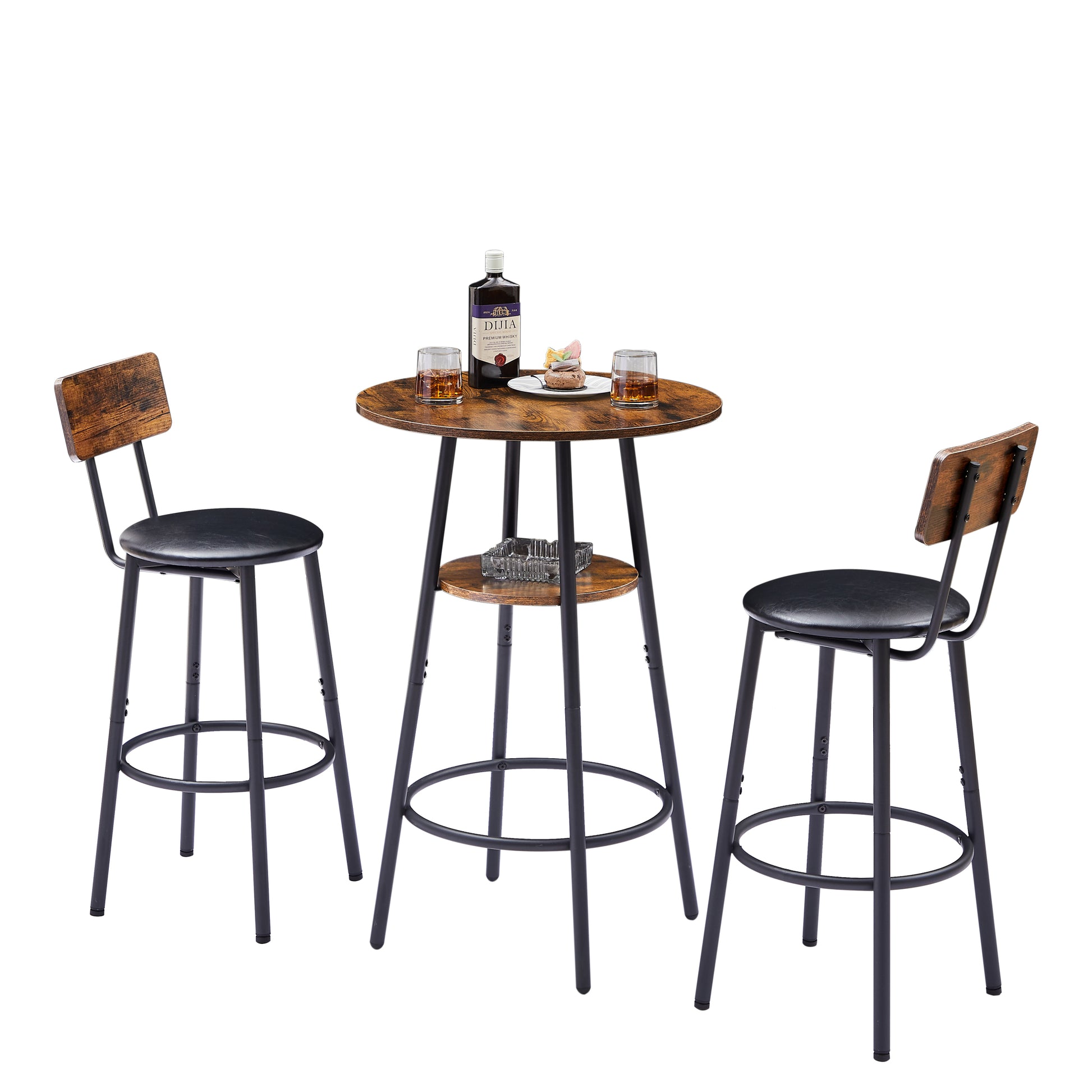 Round Bar Stool Set With Shelf, Upholstered Stool With Backrest, Rustic Brown, 23.62'' W X 23.62'' D X 35.43'' H Rustic Brown Particle Board