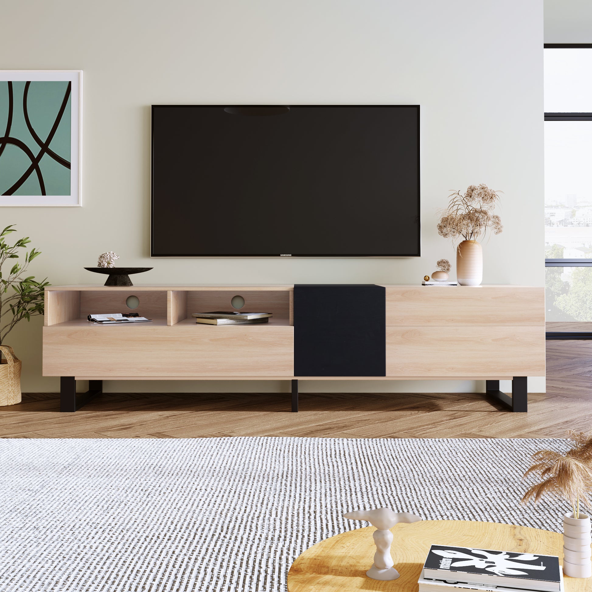 Modern Tv Stand For 80'' Tv With Double Storage Space, Media Console Table, Entertainment Center With Drop Down Door For Living Room, Bedroom, Home Theatre Natural Wood 70 79 Inches Mdf