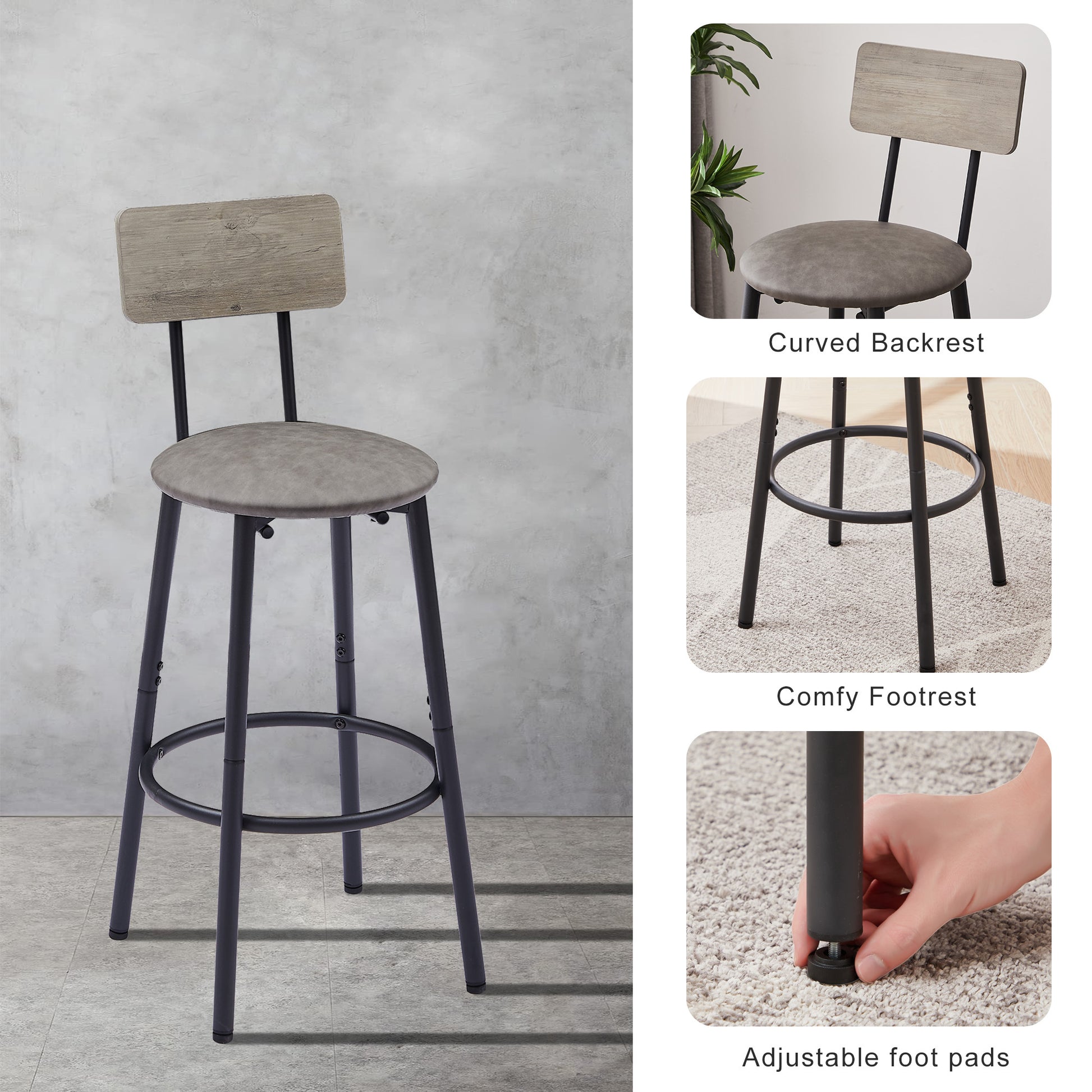 Bar Table Set With 2 Bar Stools Pu Soft Seat With Backrest, Grey, 43.31'' L X 15.75'' W X 35.43'' H. Grey Particle Board